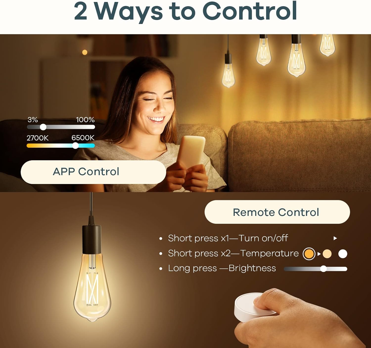 Alternative view of Linkind E26 Smart Edison Bulbs, 2700K-6500K Tunable WiFi Edison Bulbs with Remote Control, 8W 60W Equivalent Dimmable ST19 (ST58) Vintage Light Bulbs 800lm, Compatible with Alexa & Google Home, 4-Pack