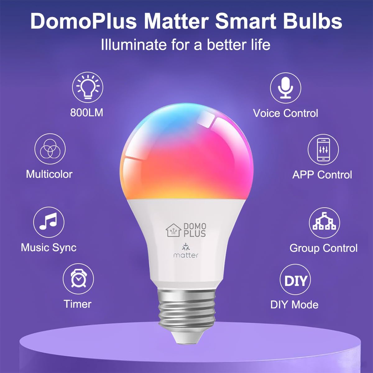 DomoPlus Matter Smart Light Bulb, A19 WiFi Smart Bulbs, Recessed Can LED Color Changing Light Bulbs RGBW, Works with Matter, Alexa and Google Assistant, 2.4Ghz Only, E26 800 Lumen, 2 Pack