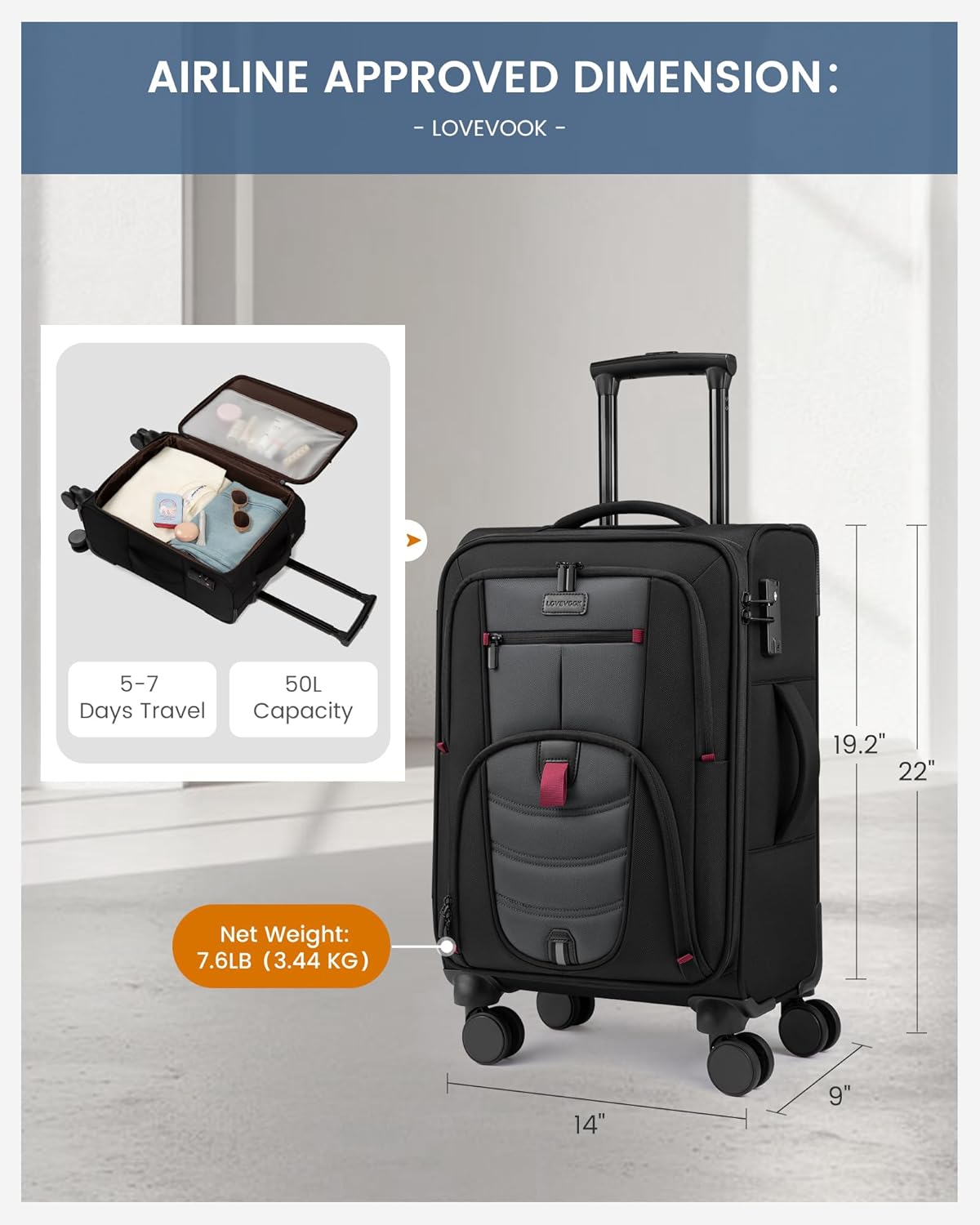 Carry On Luggage 22x14x9 Airline Approved, 22-Inch Suitcases with Spinner Wheels, Softside Carry-on Luggage with TSA Lock for Men Women Business Trip, Lightweight Large Capacity Luggage for Travel - Image 3