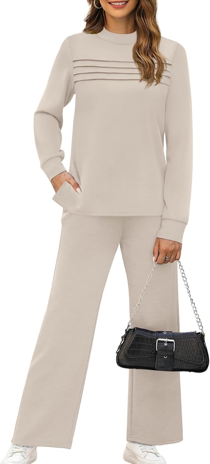 WIHOLL Two Piece Sets for Women Fall Travel Vacation Outfits 2026 Long Sleeve Lounge Sets Side Slit Wide Leg Pants S-3XL