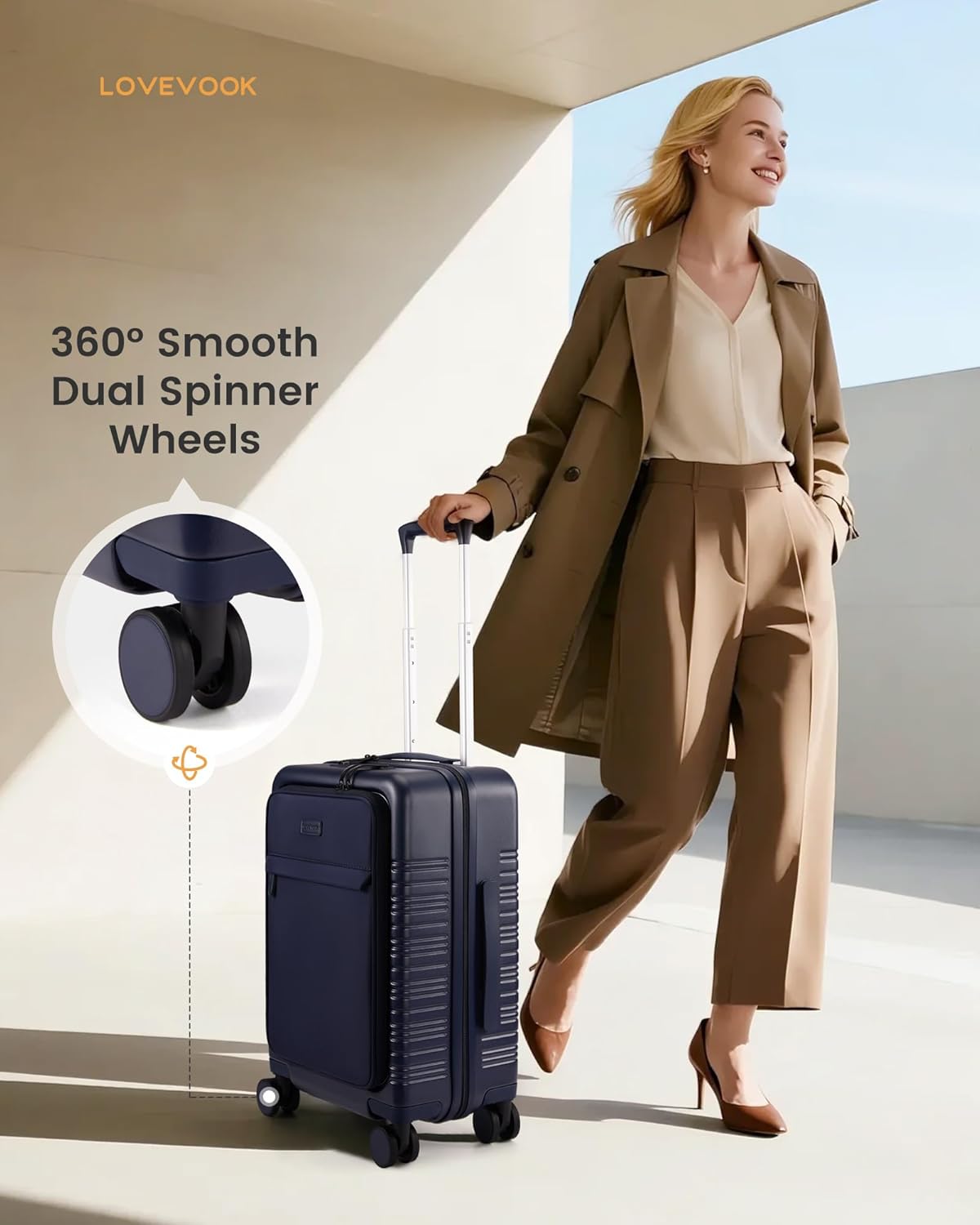 LOVEVOOK Carry On Luggage 22x14x9 Airline Approved with Detachable Pouch, 21 Inch Hardside Suitcases with Spinner Wheels, Lightweight Carry-on Luggage with TSA Lock for Women Men, 2PCS, Navy