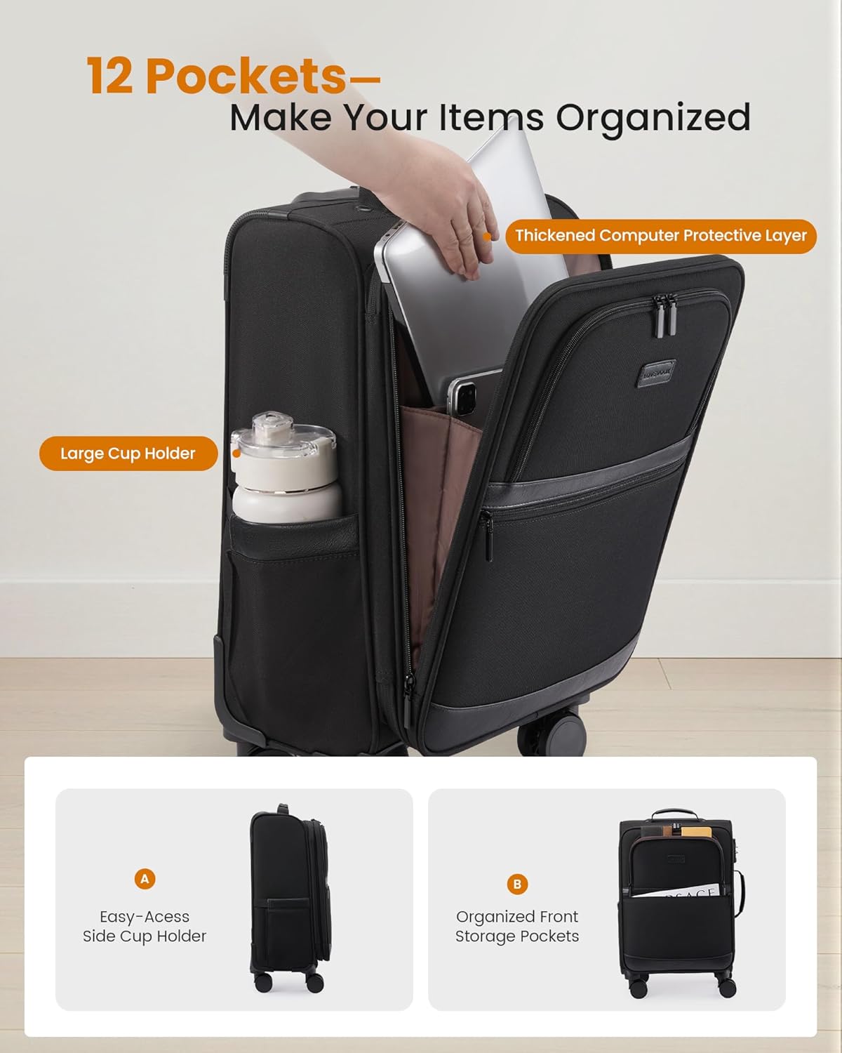 Alternative view of LOVEVOOK Carry On Luggage 22x14x9 Airline Approved,20 Inch Suitcases with Spinner Wheels,Softside Carry-on Suitcase with TSA Lock for Men Women Business Trip Weekender Travel,Black