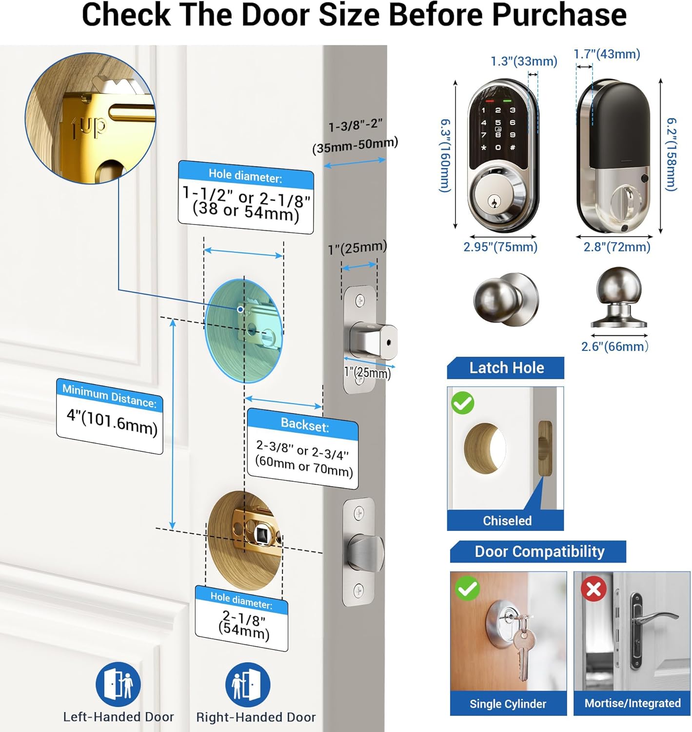Veise RZ06C Smart Locks for Front Door, 2 Knob Handle Set, Keyless Entry Deadbolt, App Control, Electronic Touchscreen Digital Keypad, Auto Lock, Easy Installation, IP54 Waterproof, Satin Nickel - Image 5