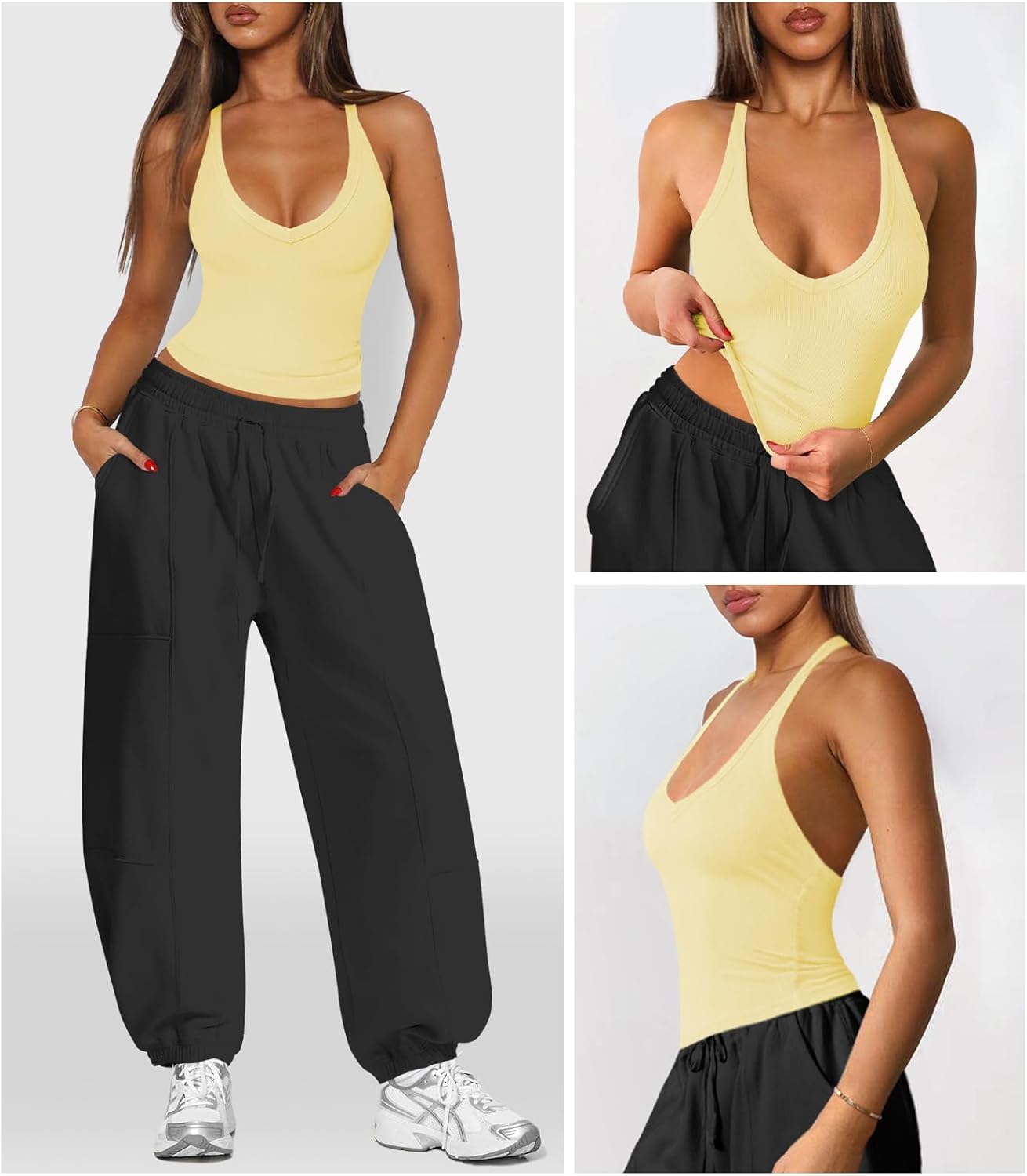 Alternative view of Hragc Womens Halter Tops Racerback Workout Tank Top for Women Plunge V Neck Split-Back Spaghetti Strap Fitted Ribbed Shirts