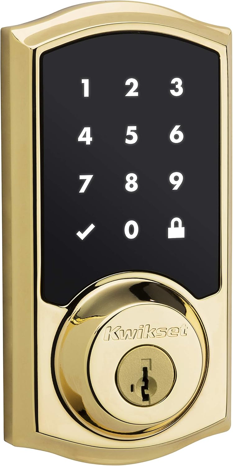 Kwikset 916 Keyless Entry Touchscreen SmartCode Electronic Deadbolt Smart Lock Featuring SmartKey Security and ZigBee 3.0 Technology in Traditional Polished Brass, Zigbee Hub Sold Separately