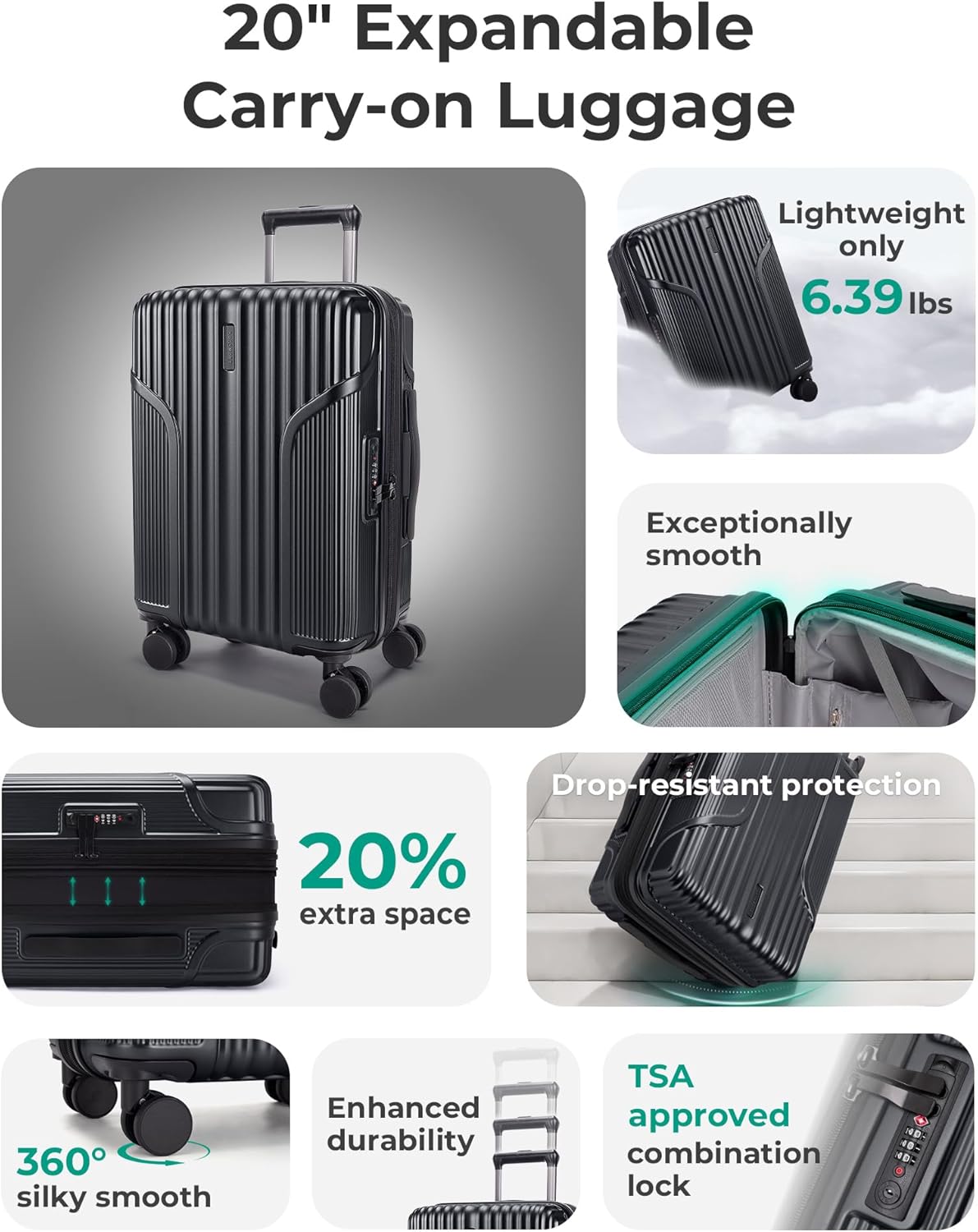 Alternative view of BAGSMART Carry On Luggage 22x14x9 Airline Approved, Lightweight luggage with Spinner Wheels, 20 Inch Expandable Hardside Carry On Suitcase with TSA Lock Rolling Travel suitcase Carry-On, Black