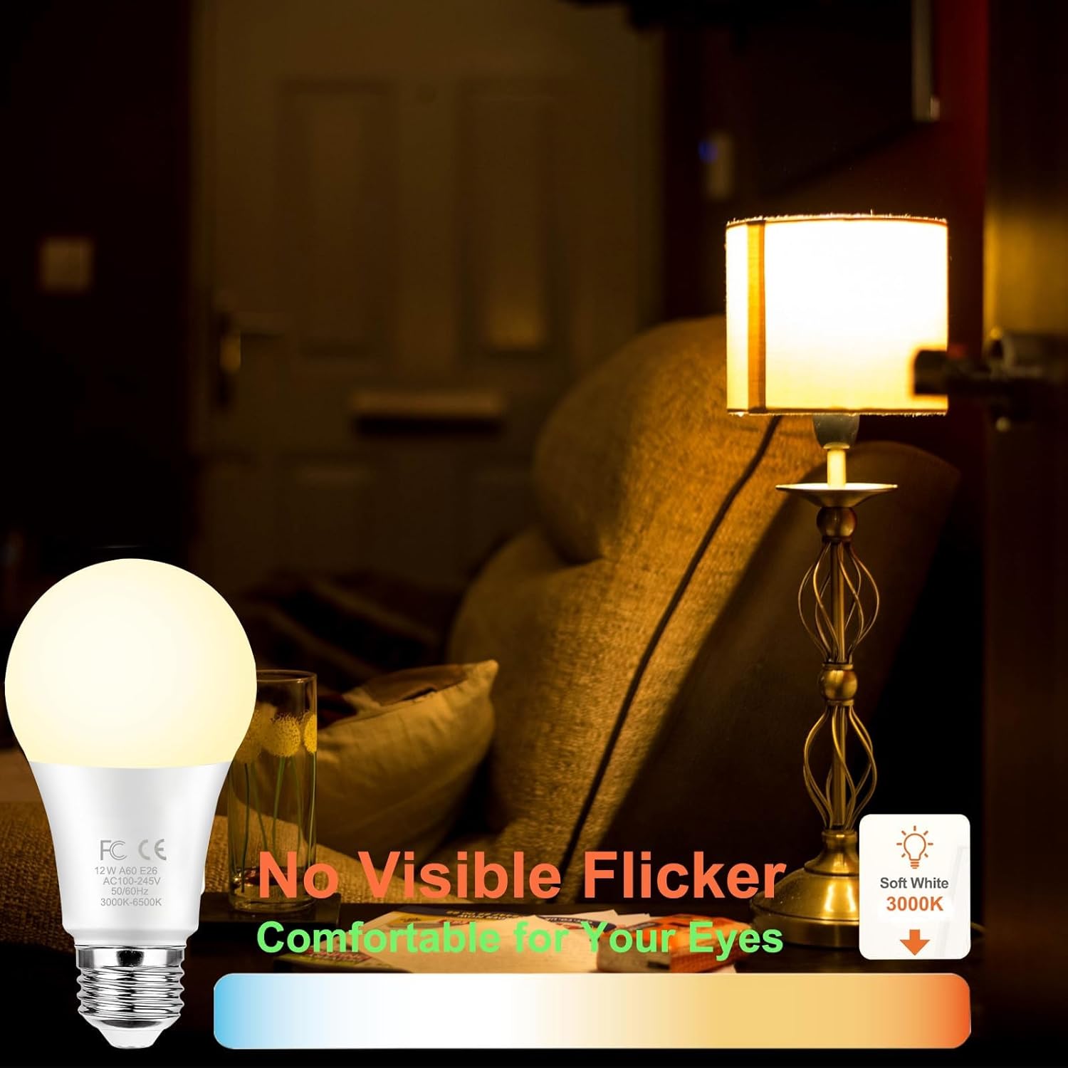 Alternative view of GRV 12W A60 Smart Light Bulb with a 2.4GHz Remote Control,Stepless Dimmable 2700-6500K,100W Incandescent Lamp Equivalent,1000LM CRI>80,E26 Base,Home Decor,2 Bulb & 1Remote