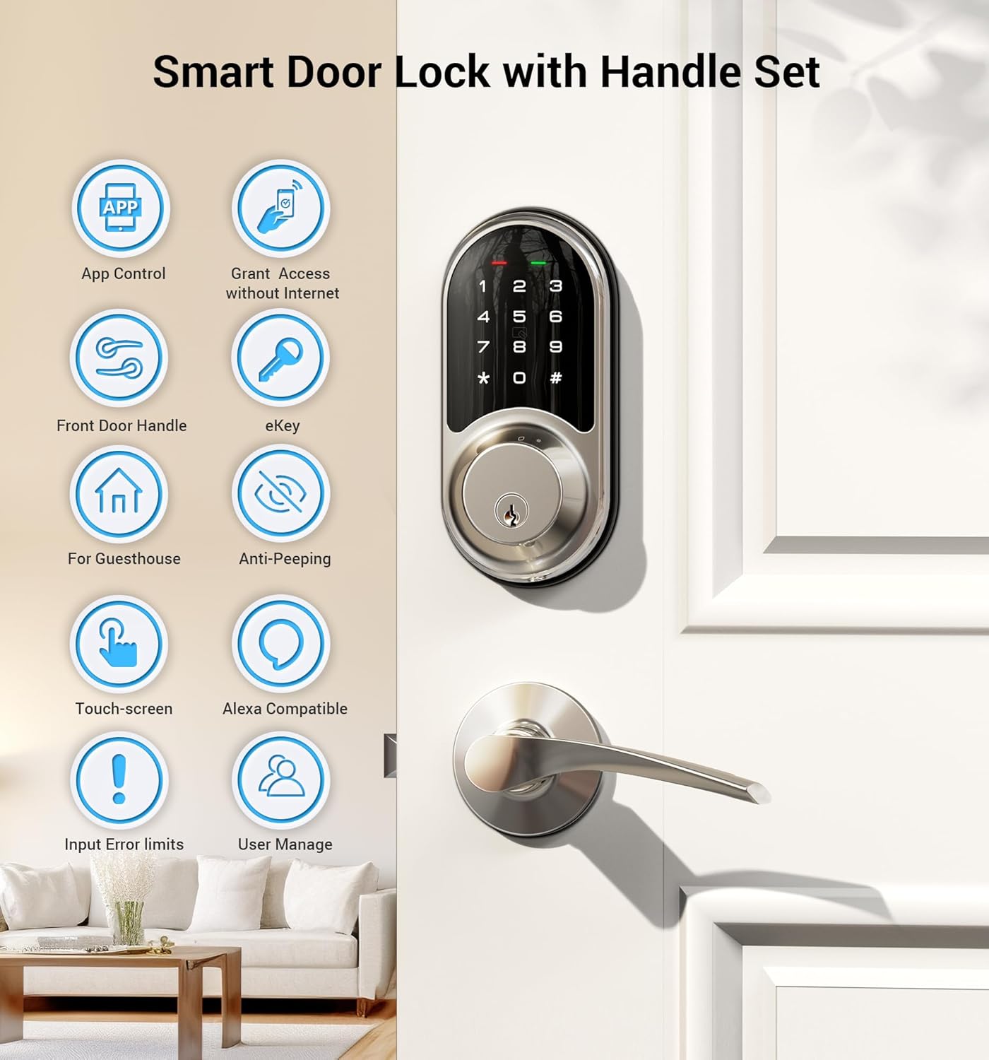 Veise RZ06B Smart Lock for Front Door, 2 Lever Handle Set, Keyless Entry Deadbolt, App Control, Electronic Digital Touchscreen Keypad, Auto Lock, IP54 Waterproof, Easy Installation, Satin Nickel - Image 3