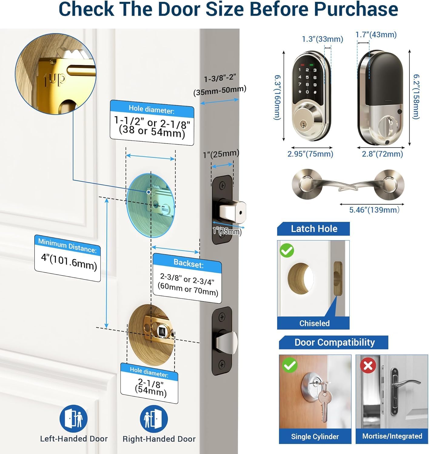 Veise RZ06B Smart Lock for Front Door, 2 Lever Handle Set, Keyless Entry Deadbolt, App Control, Electronic Digital Touchscreen Keypad, Auto Lock, IP54 Waterproof, Easy Installation, Satin Nickel - Image 5