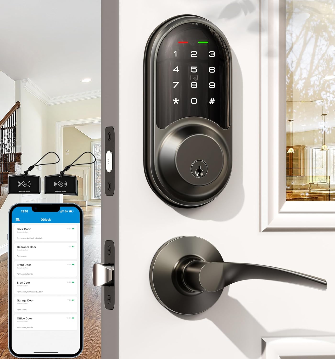 Veise RZ06B Smart Lock for Front Door, 2 Lever Handle Set, Keyless Entry Deadbolt, App Control, Electronic Digital Touchscreen Keypad, Auto Lock, IP54 Waterproof, Easy Installation, Satin Nickel - Image 6