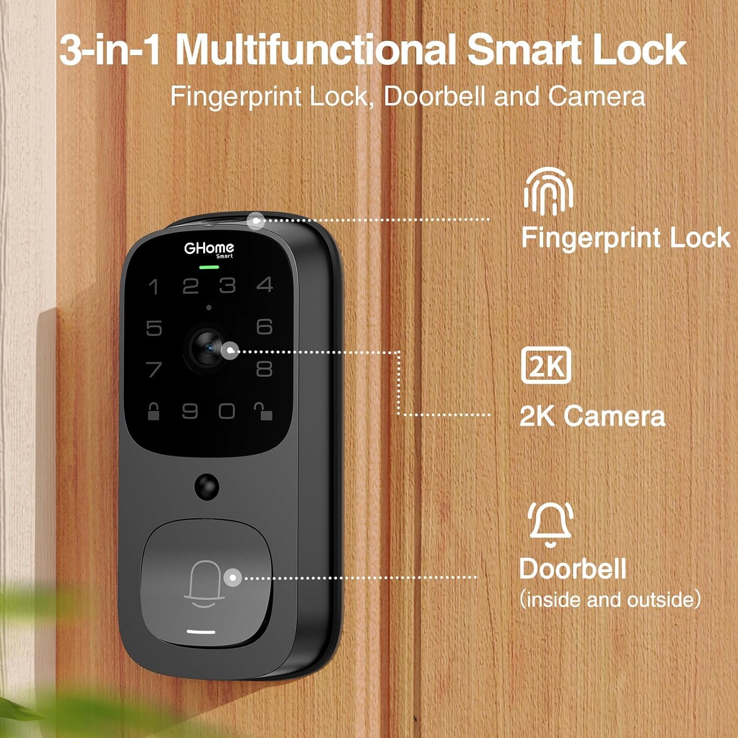 GHome Smart 3 in 1 Door Lock with Fingerprint,WiFi,Keyless Entry Smart Deadbolt, 2K HD Camera, 2.4GHz, App Remote Control, Smart Door Knob with Doorbell