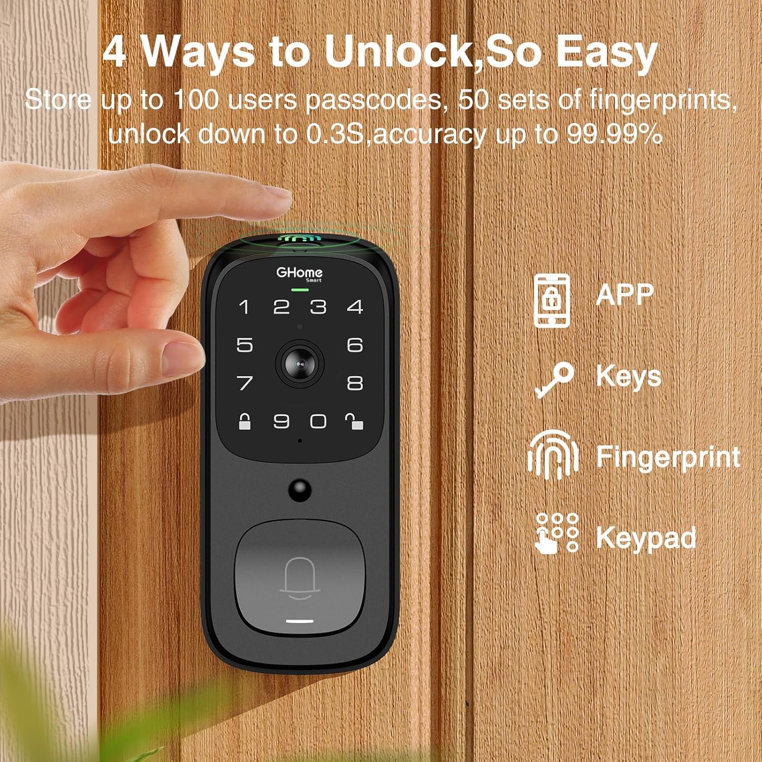 Alternative view of GHome Smart 3 in 1 Door Lock with Fingerprint,WiFi,Keyless Entry Smart Deadbolt, 2K HD Camera, 2.4GHz, App Remote Control, Smart Door Knob with Doorbell