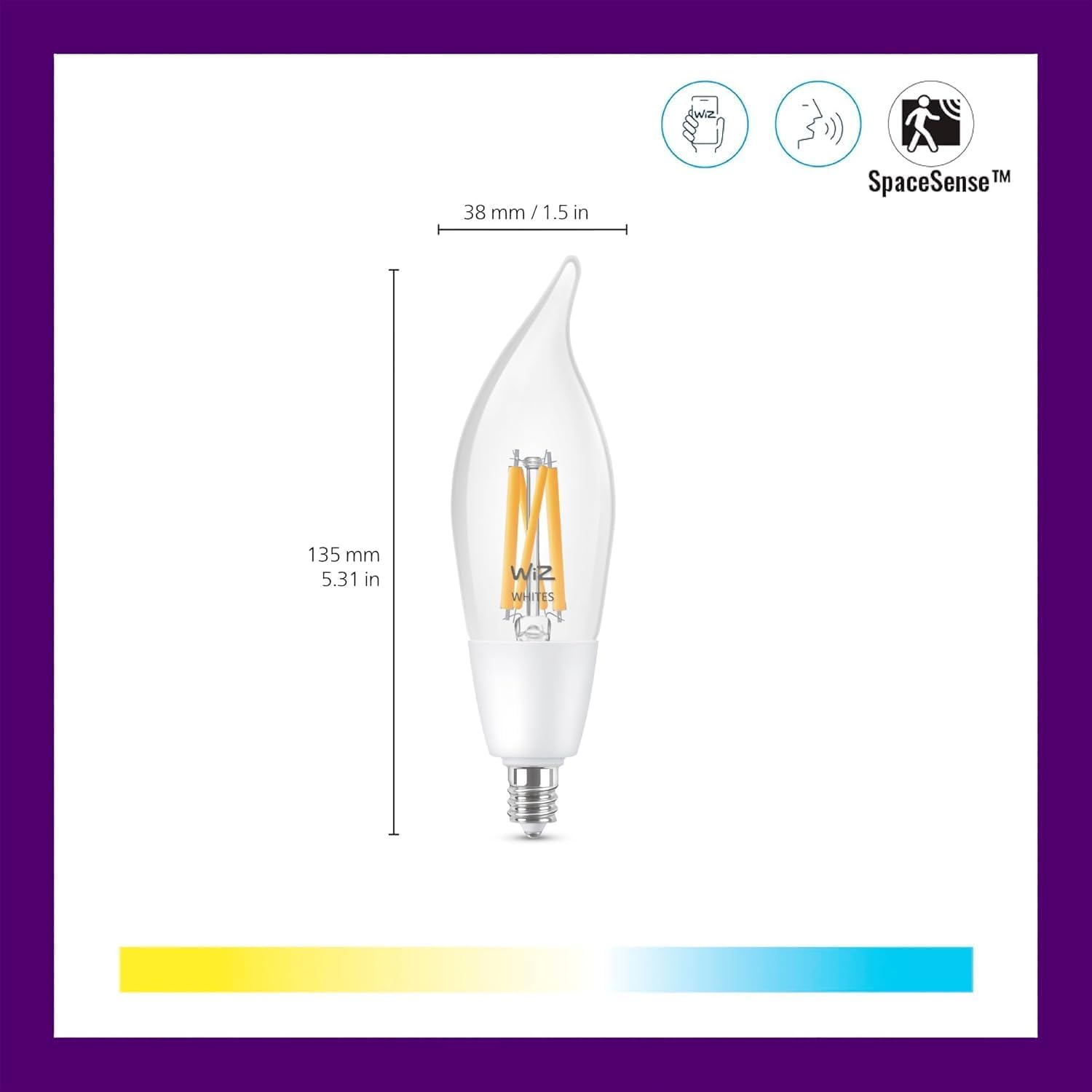 WiZ Clear 40W BA11 Tunable White Filament LED Smart Candle-Shaped Bulb - Pack of 1 - E12- Indoor - Connects to Your Existing Wi-Fi - Control with Voice or App - Matter Compatible