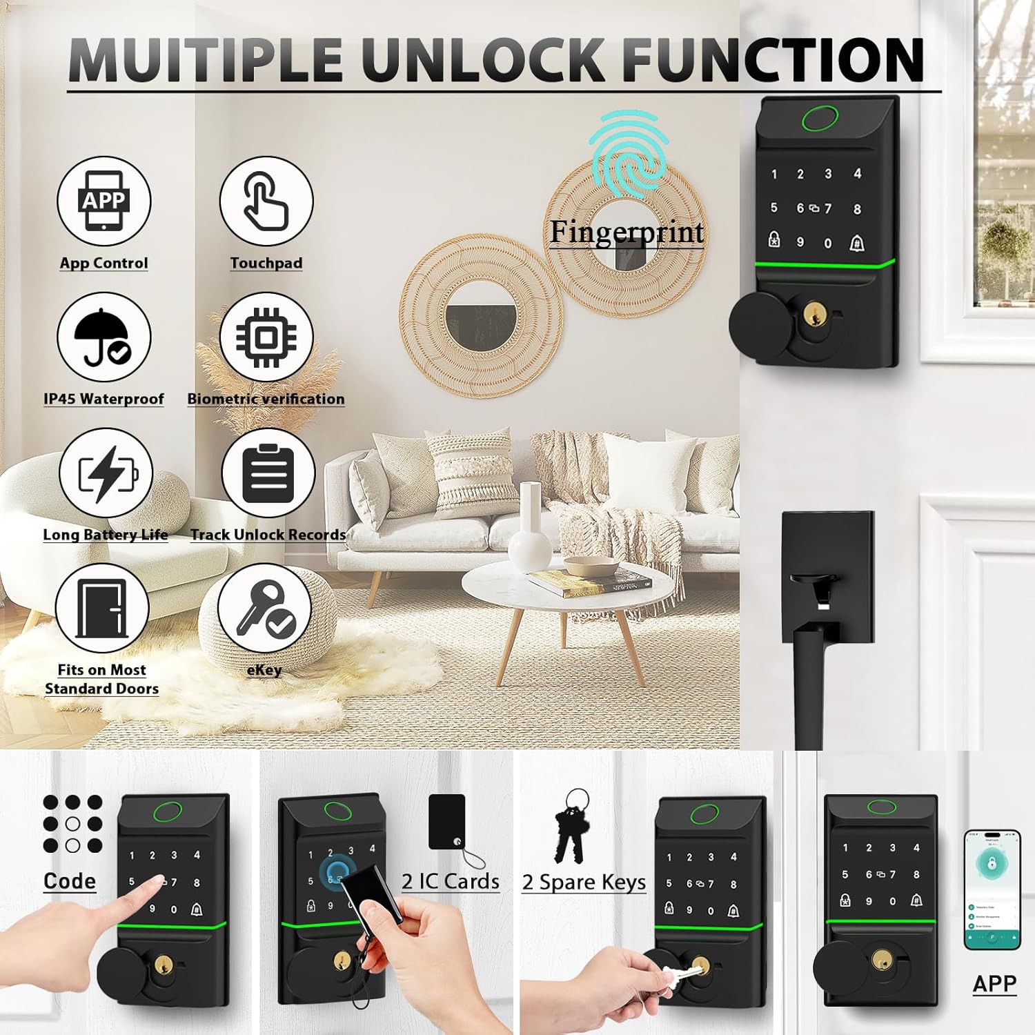 CINOP Smart Locks for Front Door with Handle Set, App Control, WiFi Front Door Lock Electronic Screen+WiFi Gateway, Keyless Entry Door Lock Fingerprint Deadbolt, Auto Lock (Black)