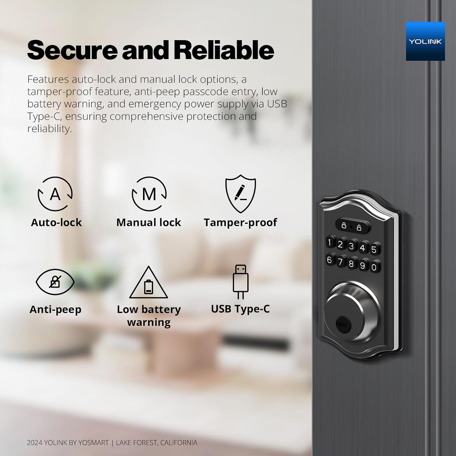 Alternative view of YoLink Smart Deadbolt Lock with Keypad, Fob & App Control, Keyless Entry, Multiple Unlock Methods, Secure & Reliable, Alexa, Google, IFTTT, Home Assistant Compatible, YoLink Hub Required