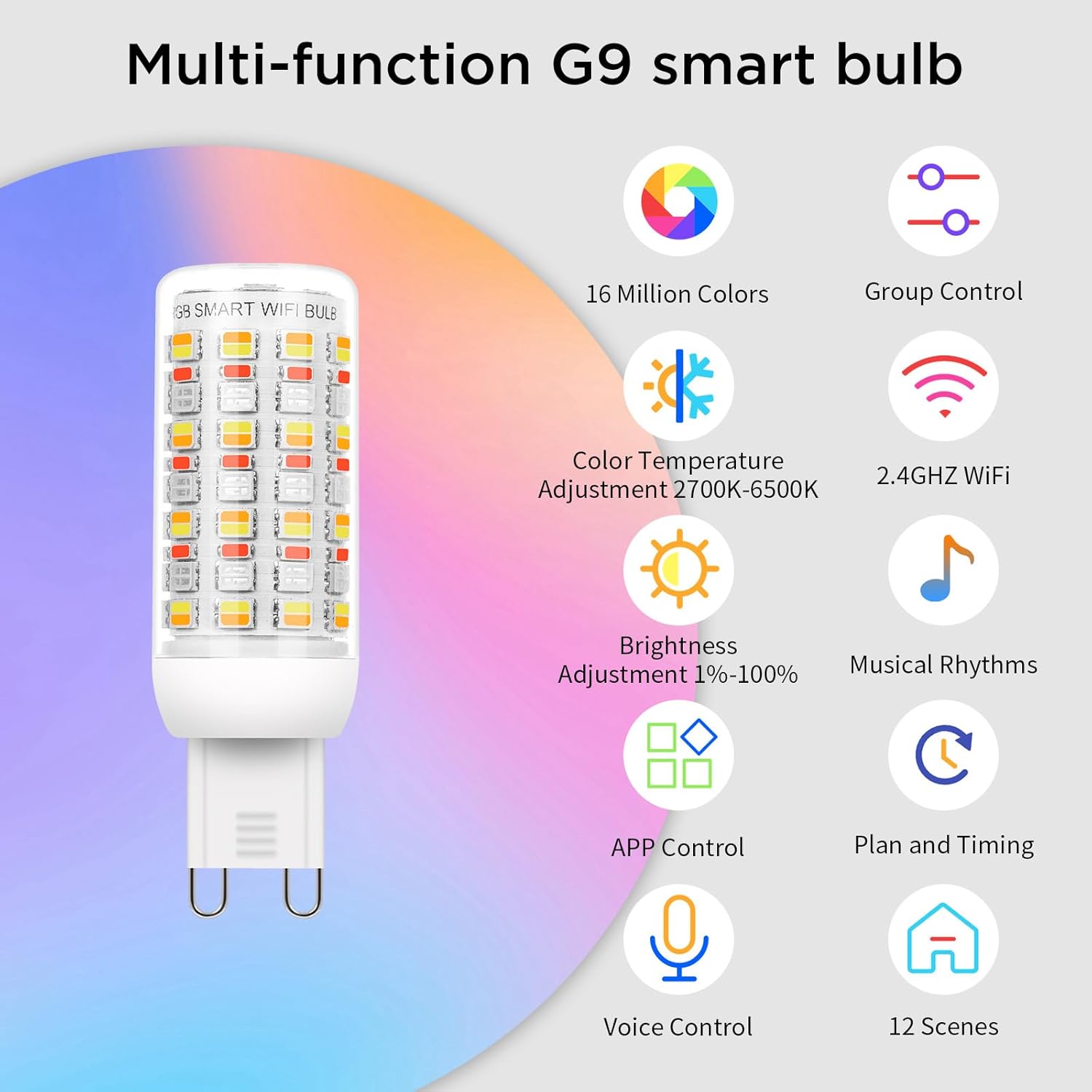 I-SHUNFA Wi-Fi RGBCW Smart G9 LED Bulbs,Compatible with Alexa/Google Home,Multicolour Dimmable,2700K-6500K,AC 120V 4W,400LM Brightness Adjustable 1%-100%,with Musical Rhythm LED Light Bulb,3 Pack
