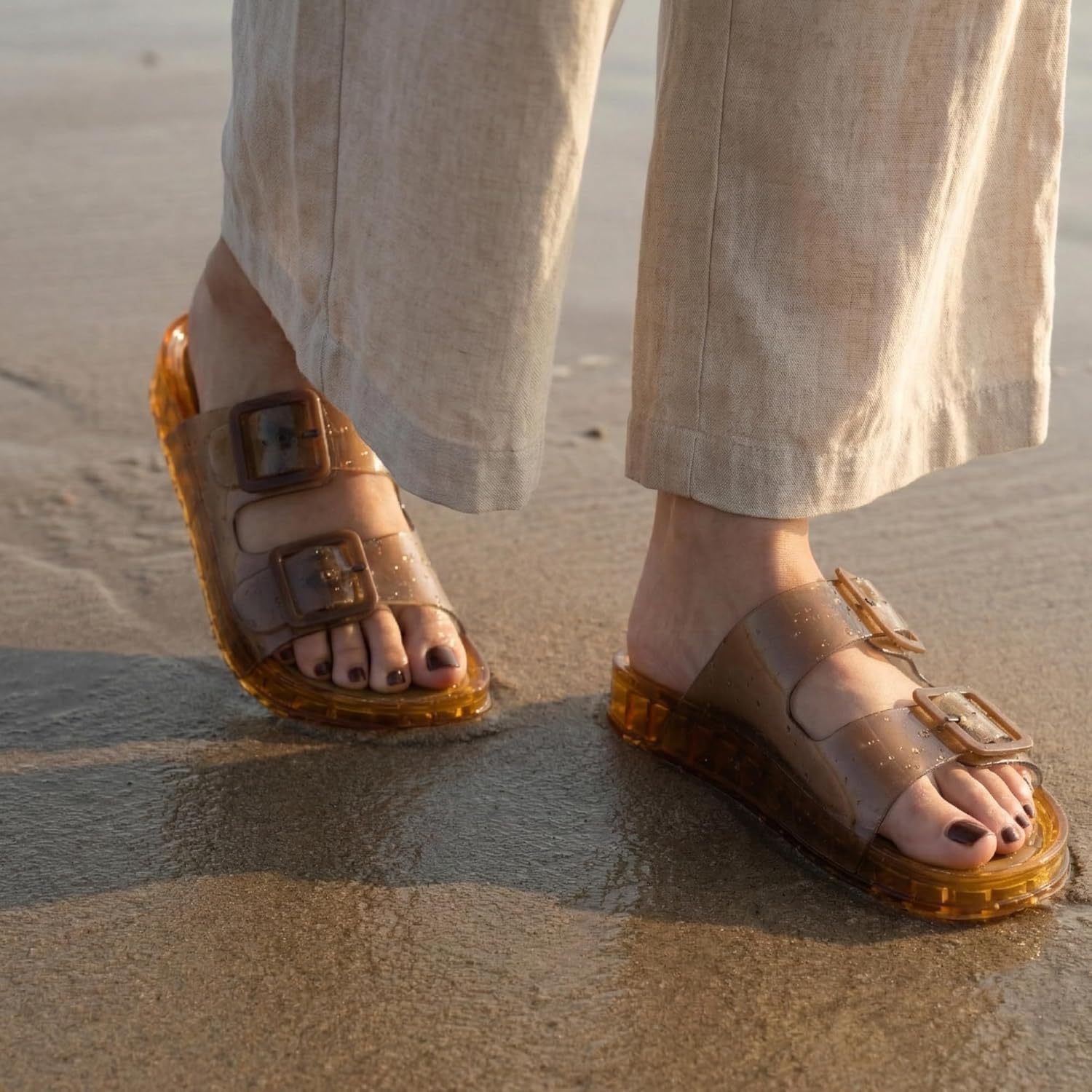 CUSHIONAIRE Pool Slides For Women Waterproof Double Buckle Adjustable Slip-On Womens Sandals For Beach Shower Casual Wear