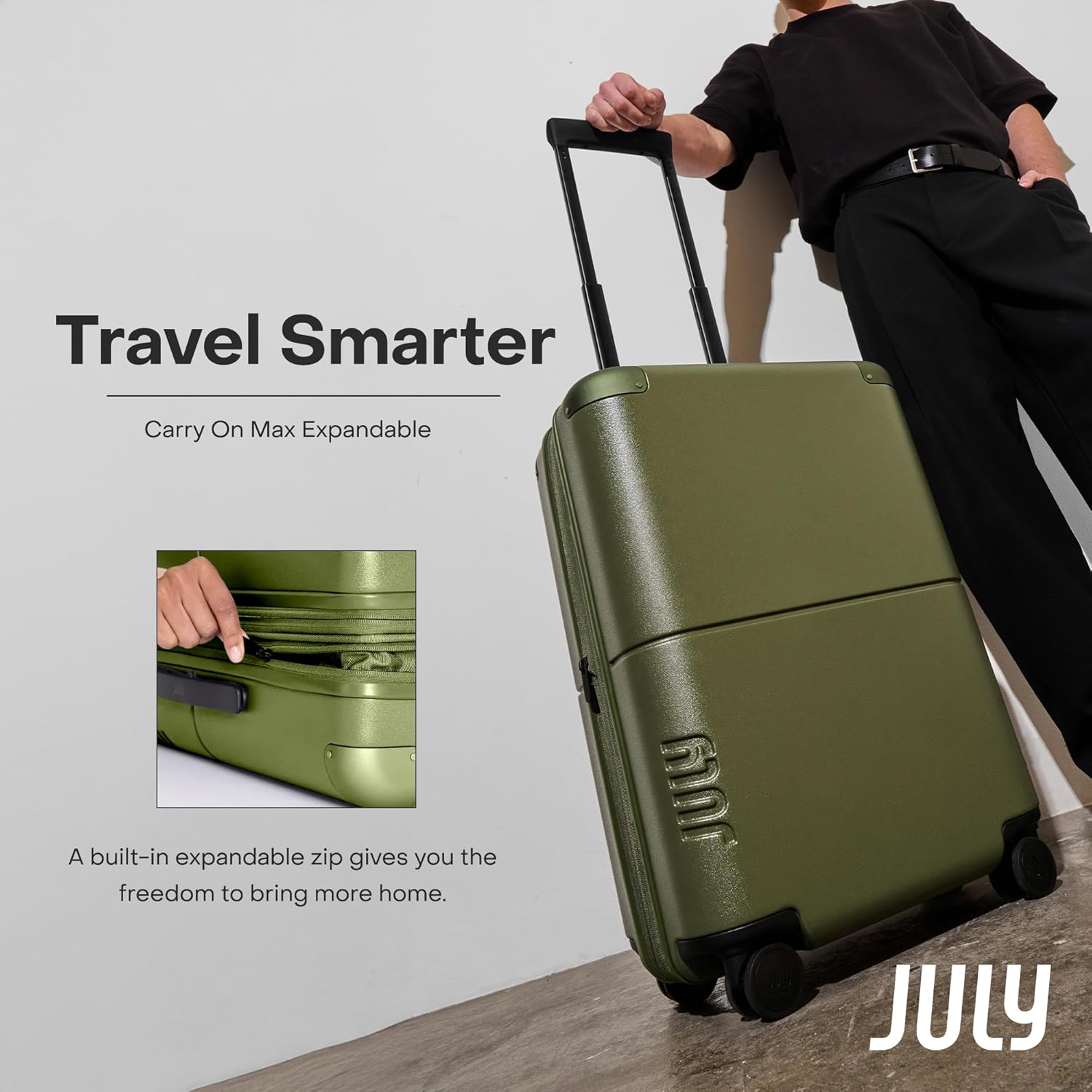 July Carry On Max Expandable - 21.5" Airline Approved Carry On Luggage with Travel Tote, Rolling Suitcase for Men & Women - TSA Lock Spinner Suitcase, Silent Wheels, Expansion Zip - Moss - Image 3