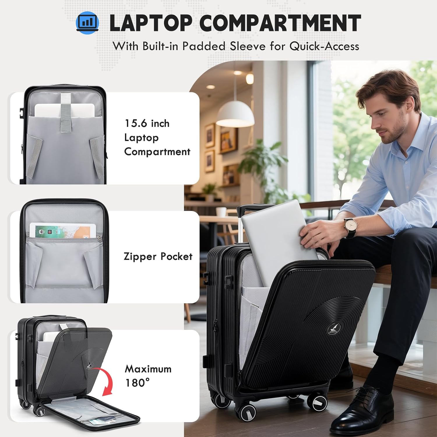 RAINSMORE Carry on Luggage 20 Inch Expandable, Airline Approved Carry on Suitcase with Front Compartment & Top Opening Hard Shell Rolling Travel Luggage with TSA Lock & Spinner Wheels, Black