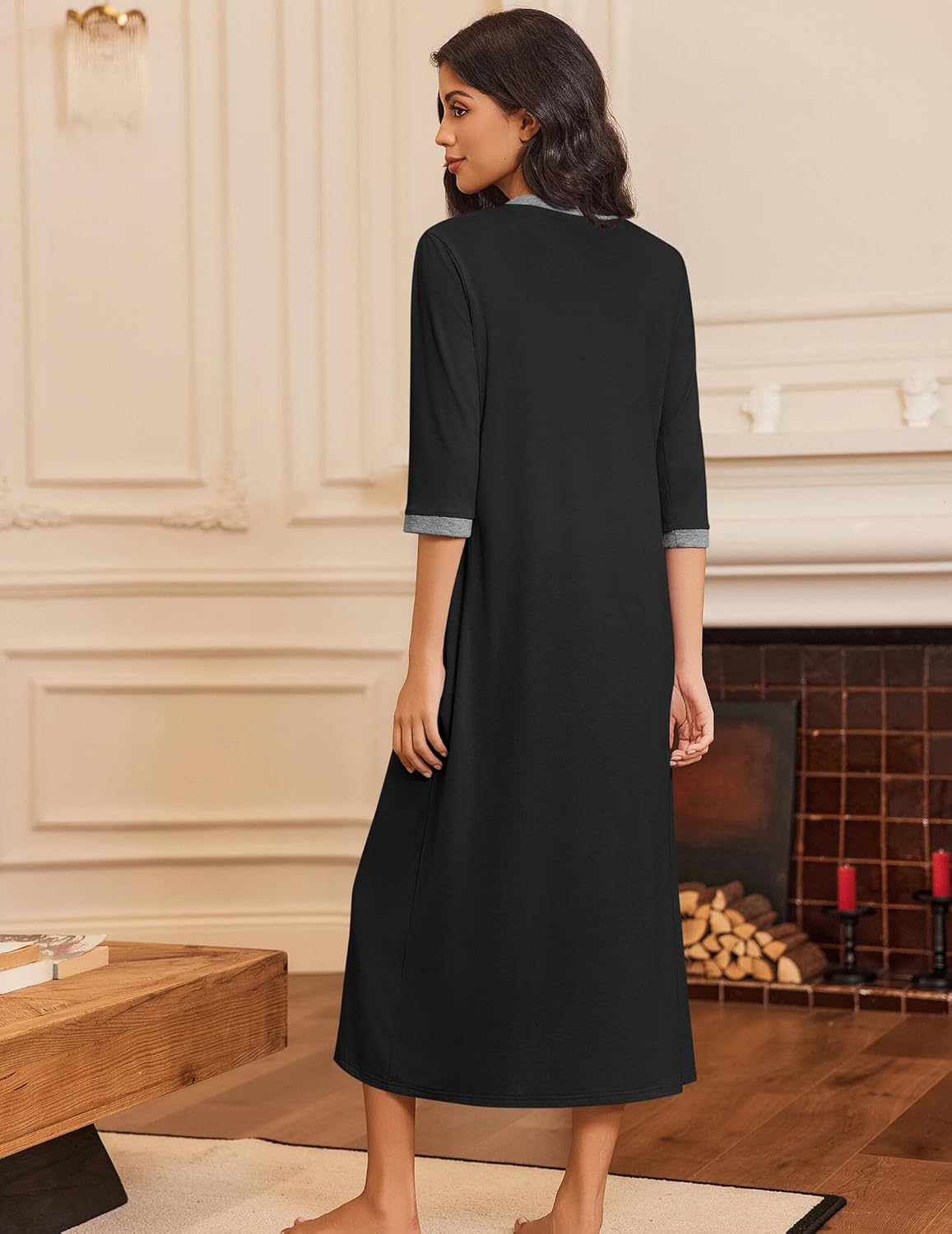 Ekouaer Women's Zipper Robe 3/4 Sleeves Housecoat Full Length Nightgown Soft Loungewear Robe with Pockets S-3XL - Image 3