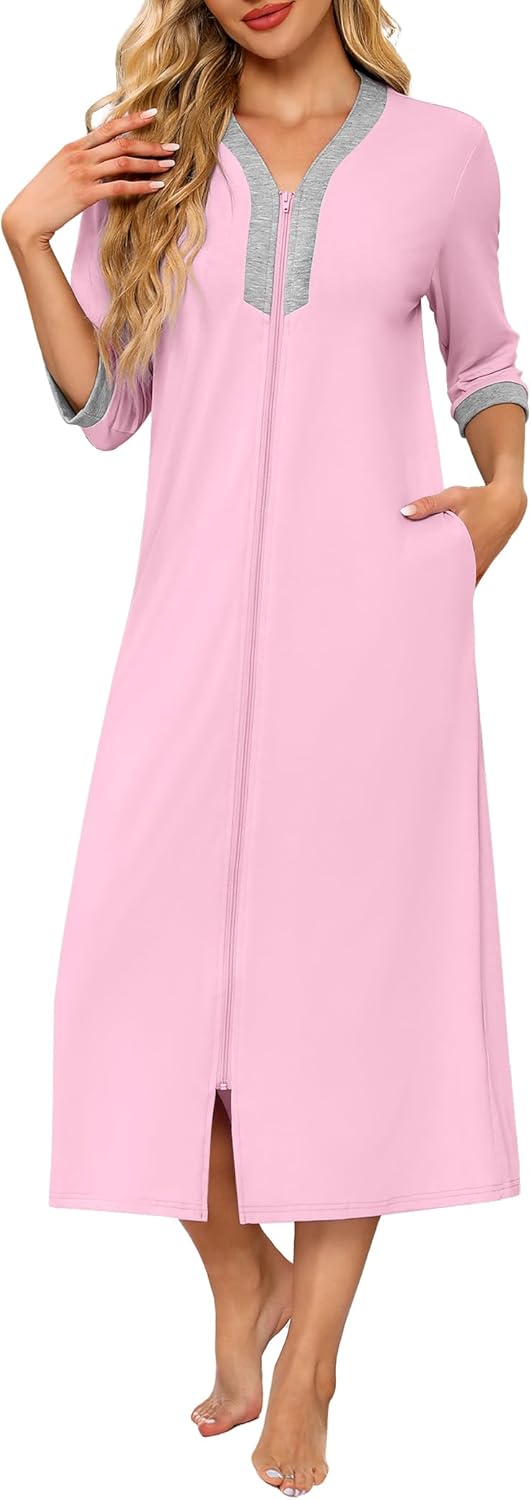 Ekouaer Women's Zipper Robe 3/4 Sleeves Housecoat Full Length Nightgown Soft Loungewear Robe with Pockets S-3XL - Image 9