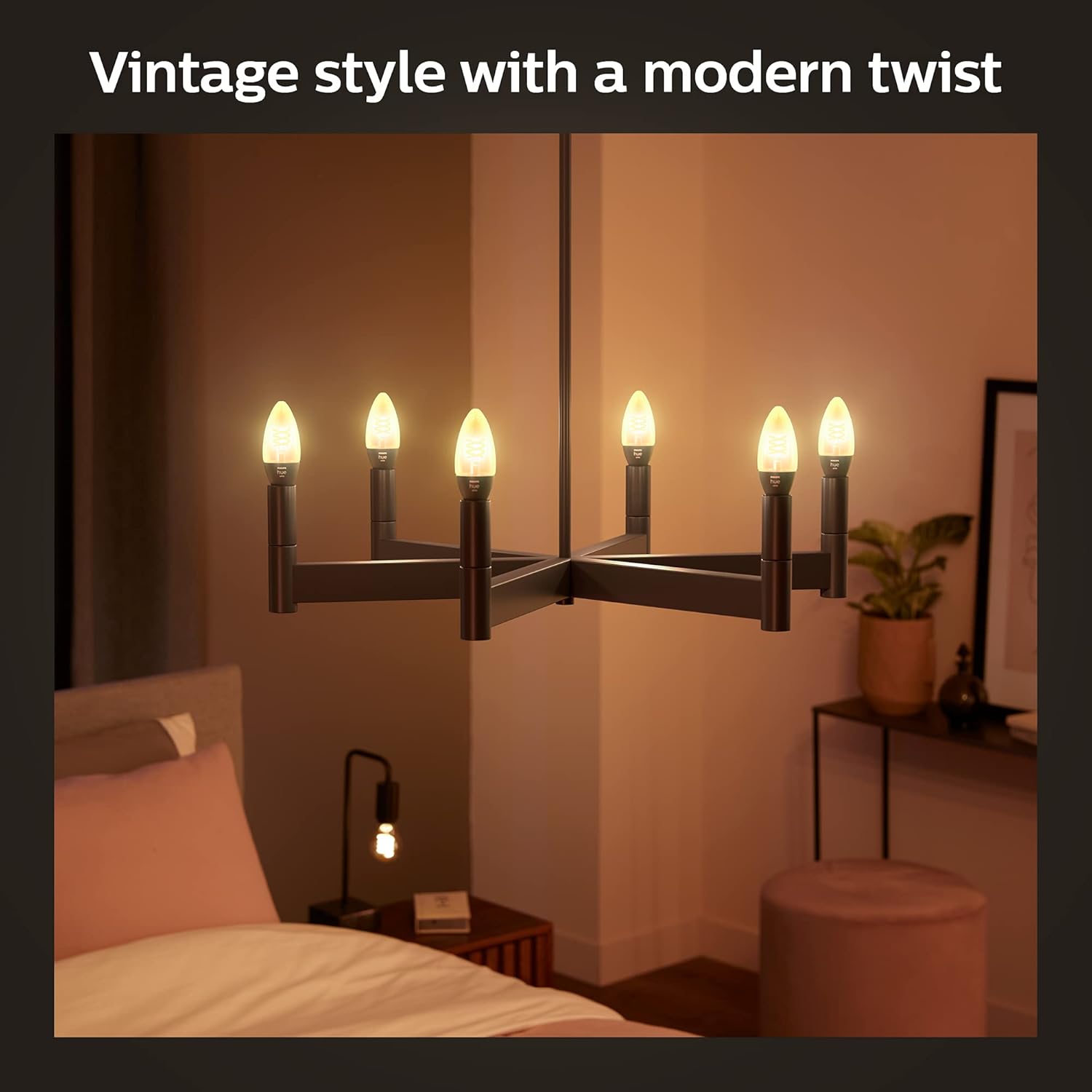 Philips Hue Smart 25W Candle-Shaped Filament LED Bulb - Soft Warm White Light - 2 Pack - 270LM - E12 - Indoor - Control with Hue App - Compatible with Alexa, Google Assistant and Apple Homekit.