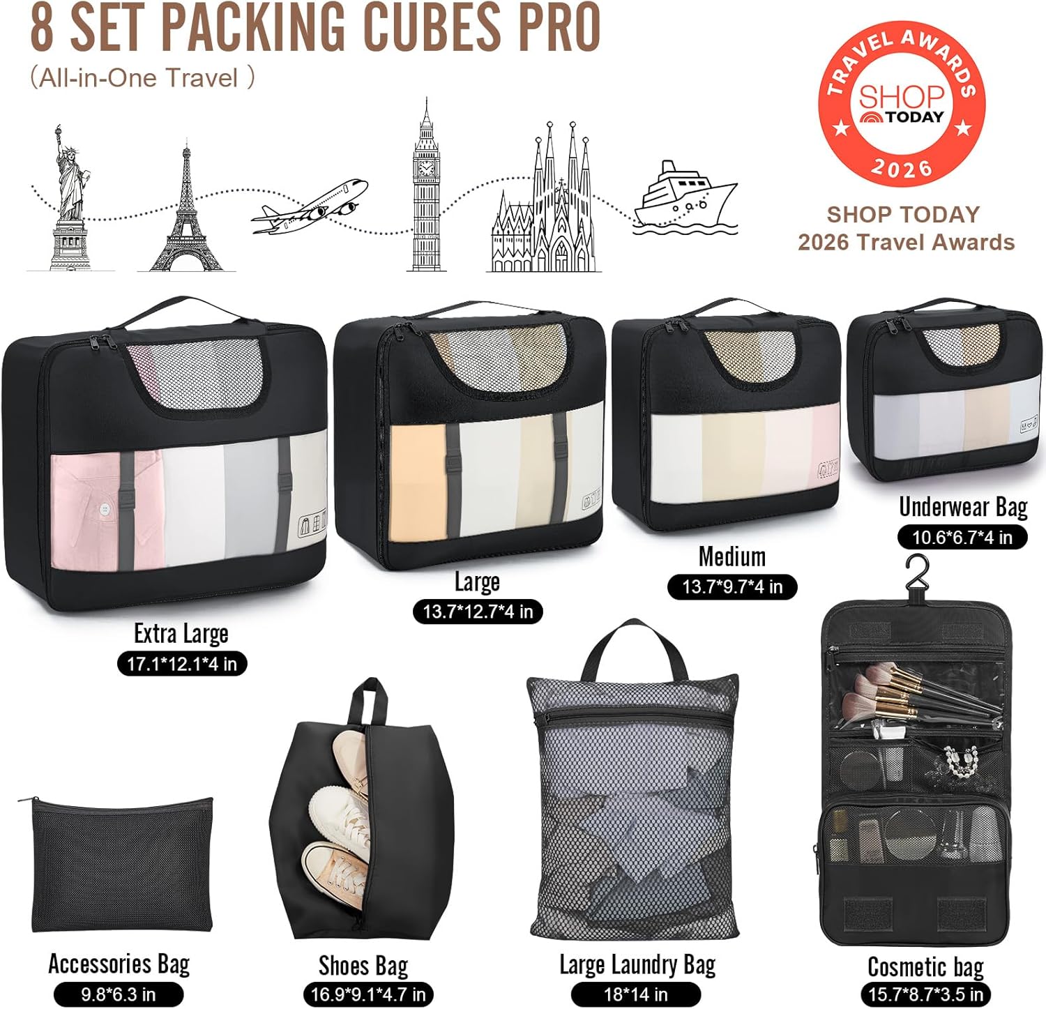 Veken 10 Set/8 Set Packing Cubes for Travel Essentials, Suitcase Organizer Bags in 4 Sizes, Carry-On Luggage Accessories with Laundry & Toiletry Bag, Airplane Must-Have, Road Trip & Camp Gifts for Men