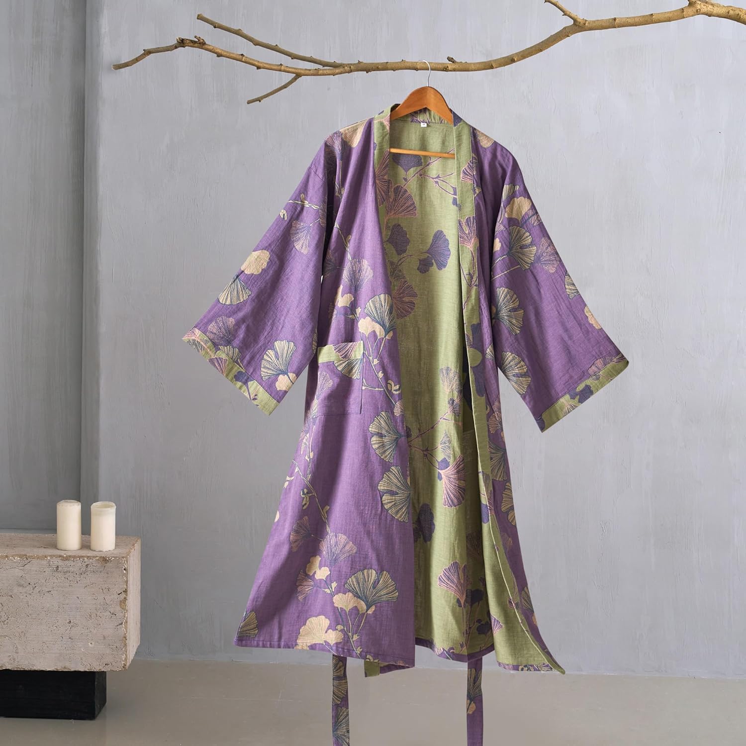 Purefair 100% Cotton Gauze Ginkgo Leaf Kimono Robe, Long Knit Loose Loungewear Bathrobe Nightgown Ladies Sleepwear for Women