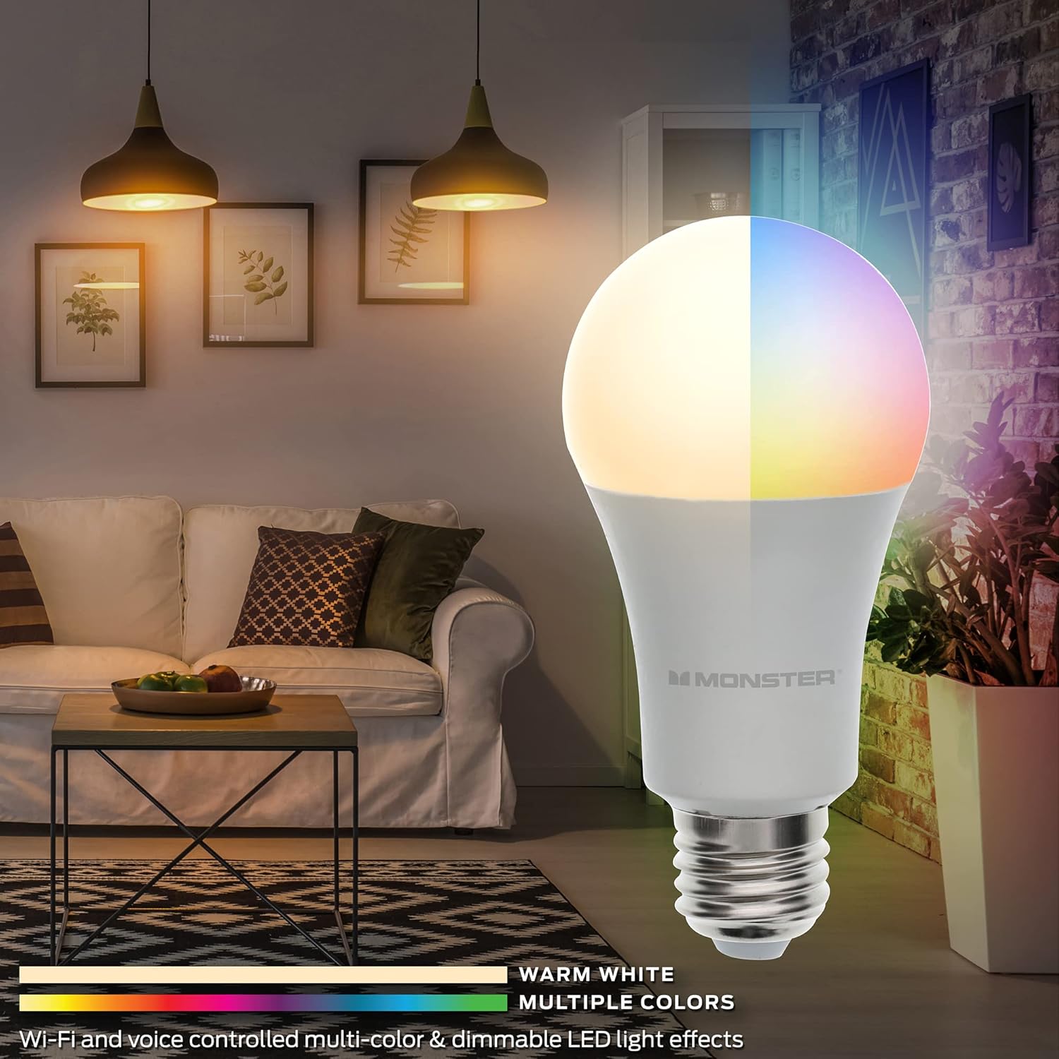 Alternative view of Monster Multi-Color and Warm-White LED Light Bulb, 16,000,000 Lighting Possibilities, Customizable with App, Compatible with Alexa/Siri/Google Assistant, Wi-Fi Enabled, 2-Pack, 9 Watt