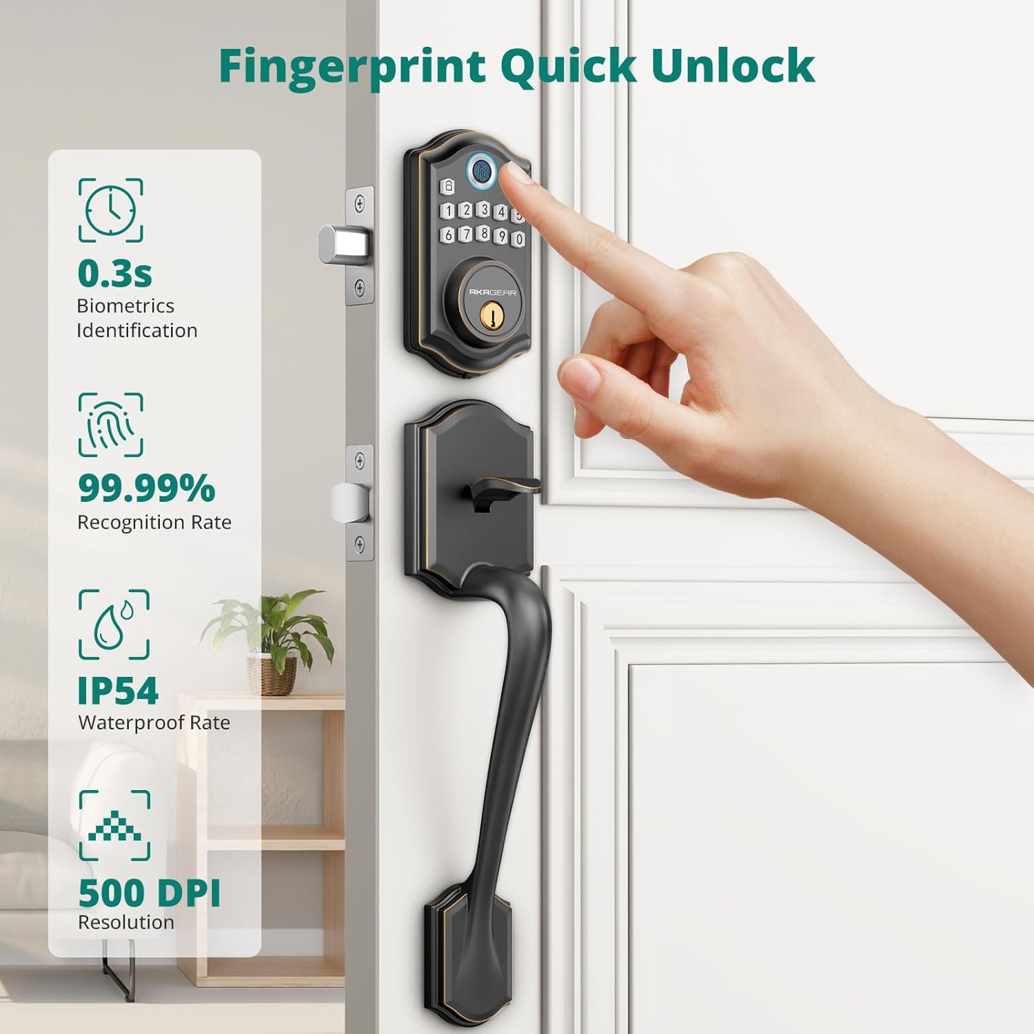 AkaGear DS10 Keyless Entry Door Lock with Handle Set - Fingerprint Deadbolt, Electronic Keypad Deadbolt, Smart Locks for Front Door, Auto-Lock & One Touch Locking - Oil Rubbed Bronze