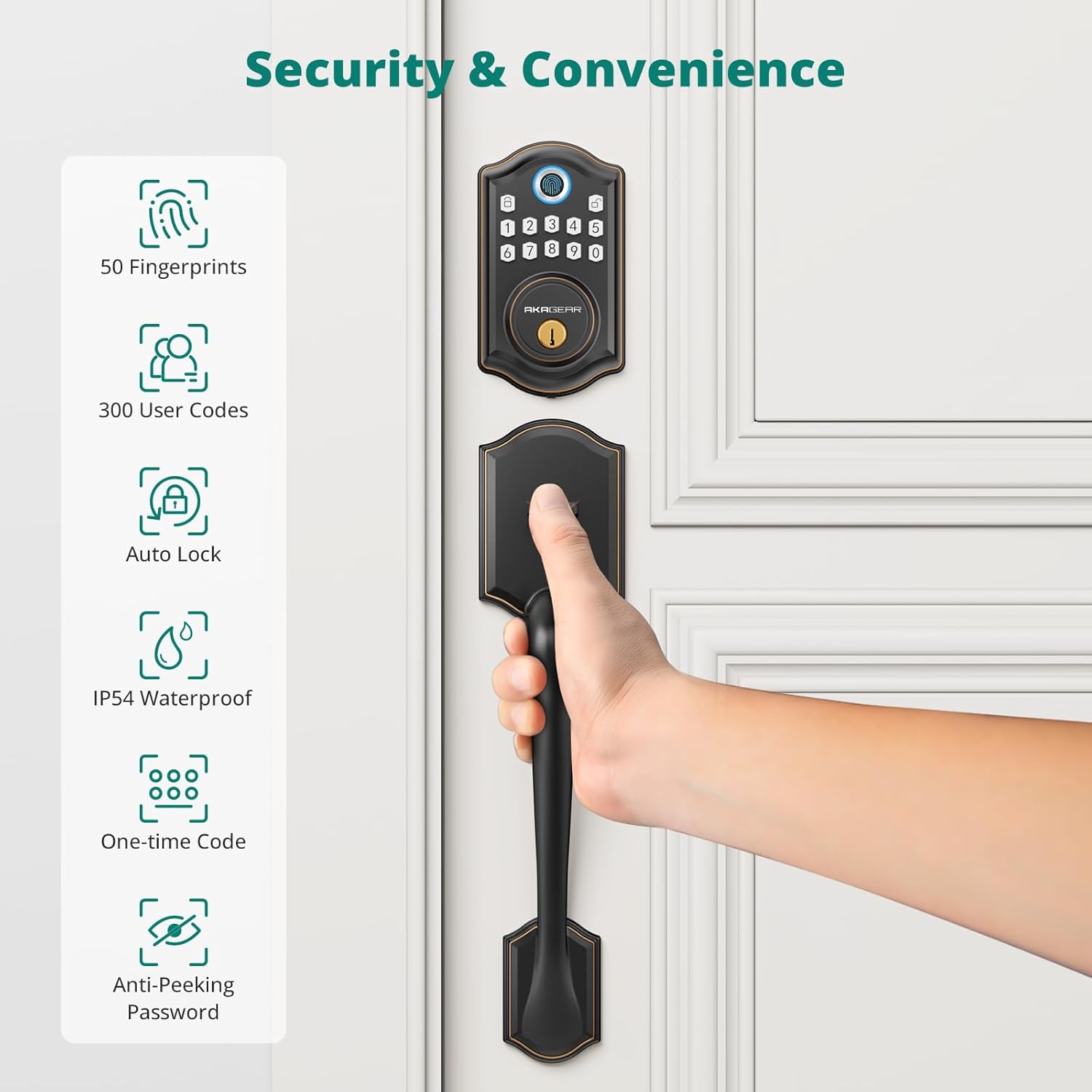 AkaGear DS10 Keyless Entry Door Lock with Handle Set - Fingerprint Deadbolt, Electronic Keypad Deadbolt, Smart Locks for Front Door, Auto-Lock & One Touch Locking - Oil Rubbed Bronze - Image 3