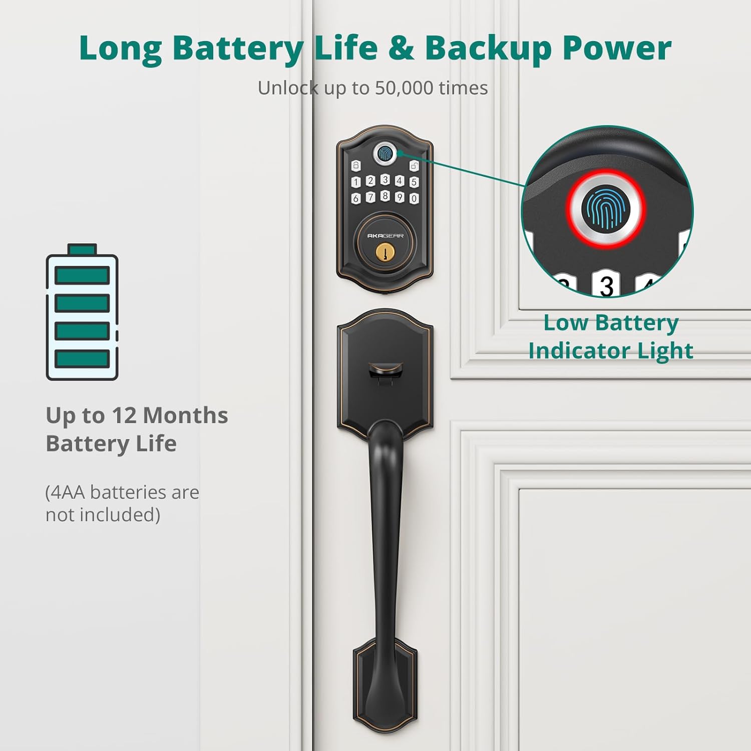 AkaGear DS10 Keyless Entry Door Lock with Handle Set - Fingerprint Deadbolt, Electronic Keypad Deadbolt, Smart Locks for Front Door, Auto-Lock & One Touch Locking - Oil Rubbed Bronze - Image 5