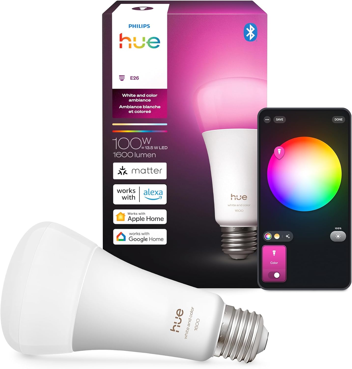 Alternative view of Philips Hue Smart LED A21 Bulb,White and Color Ambiance, E26 Base,13.5W, Full Spectrum Light 1000K-20000K,1600 Lumens, Dimmable, Compatible with Alexa, Google, Apple Home, 2pk