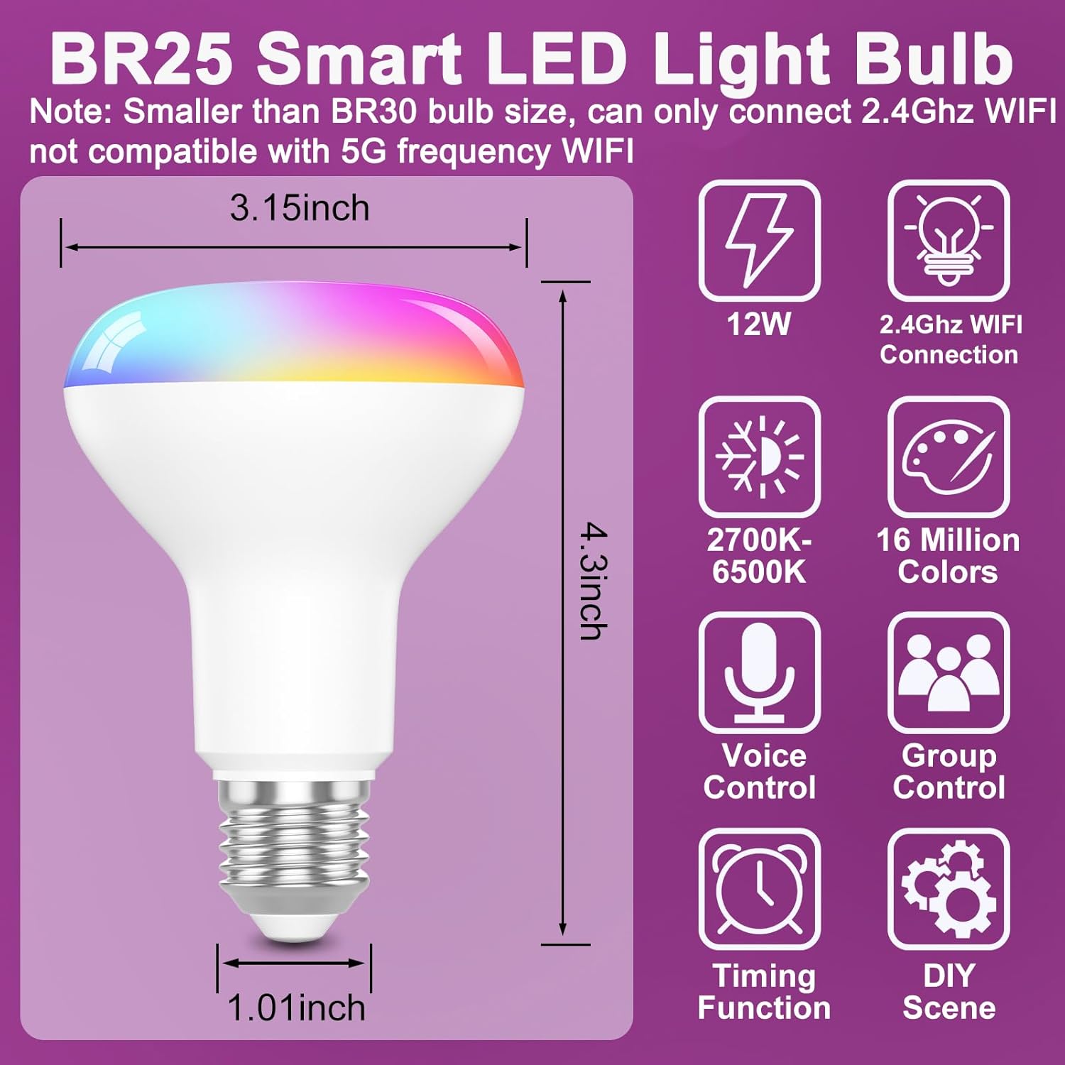 HYDONG Smart RGB Bulb,BR25/R80,Smart Bulbs Compatible with Alexa,Color Changing LED WiFi Bulb 12W,2.4Ghz WiFi Only.E26/E27Base,4Packs