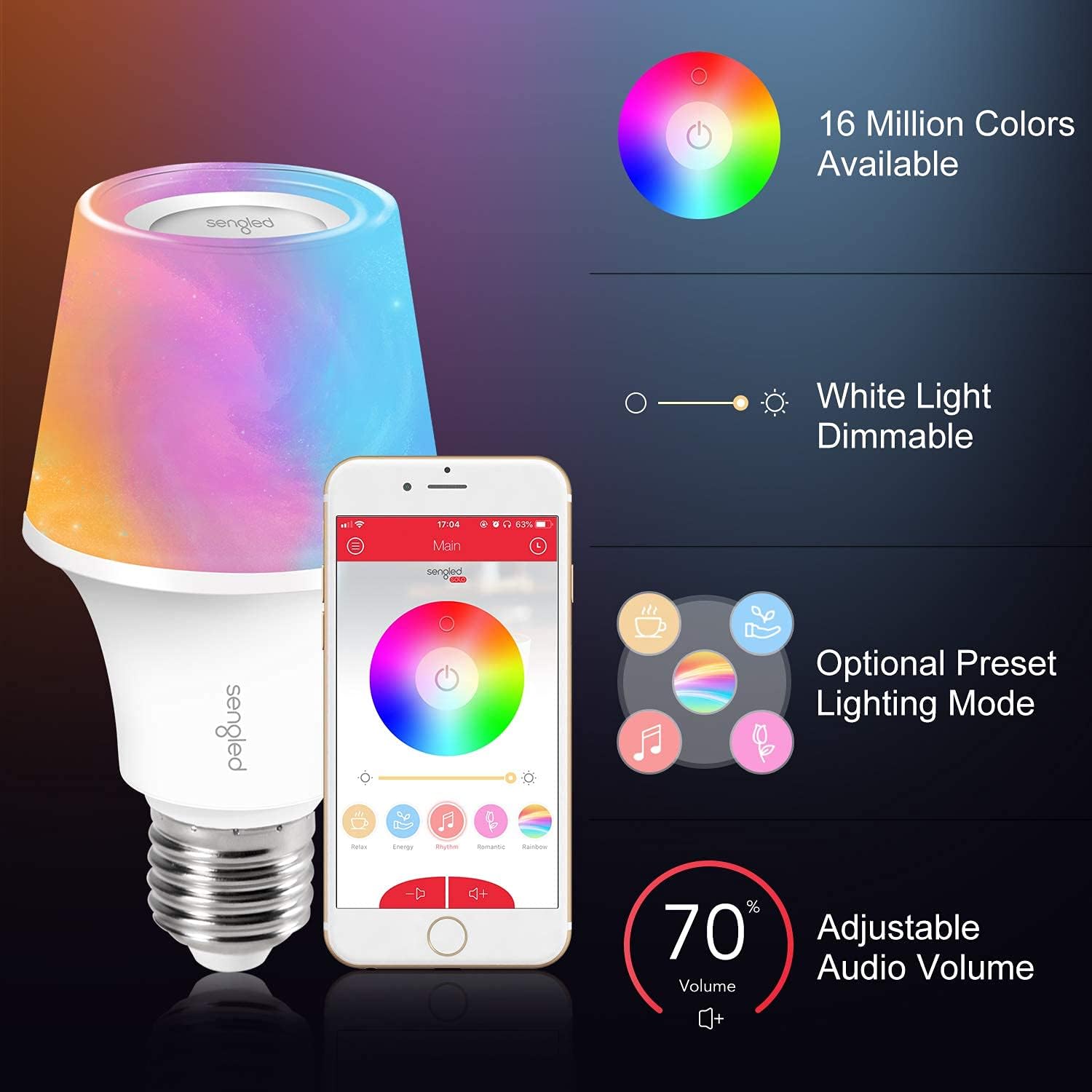 Alternative view of Sengled Solo RGBW Bluetooth Light Bulb Speaker Multi Color Changing LED Light Bulb 60W Equivalent Dimmable App Controlled E26 Smart Music Bulb, Compatible with Alexa via Bluetooth Connection