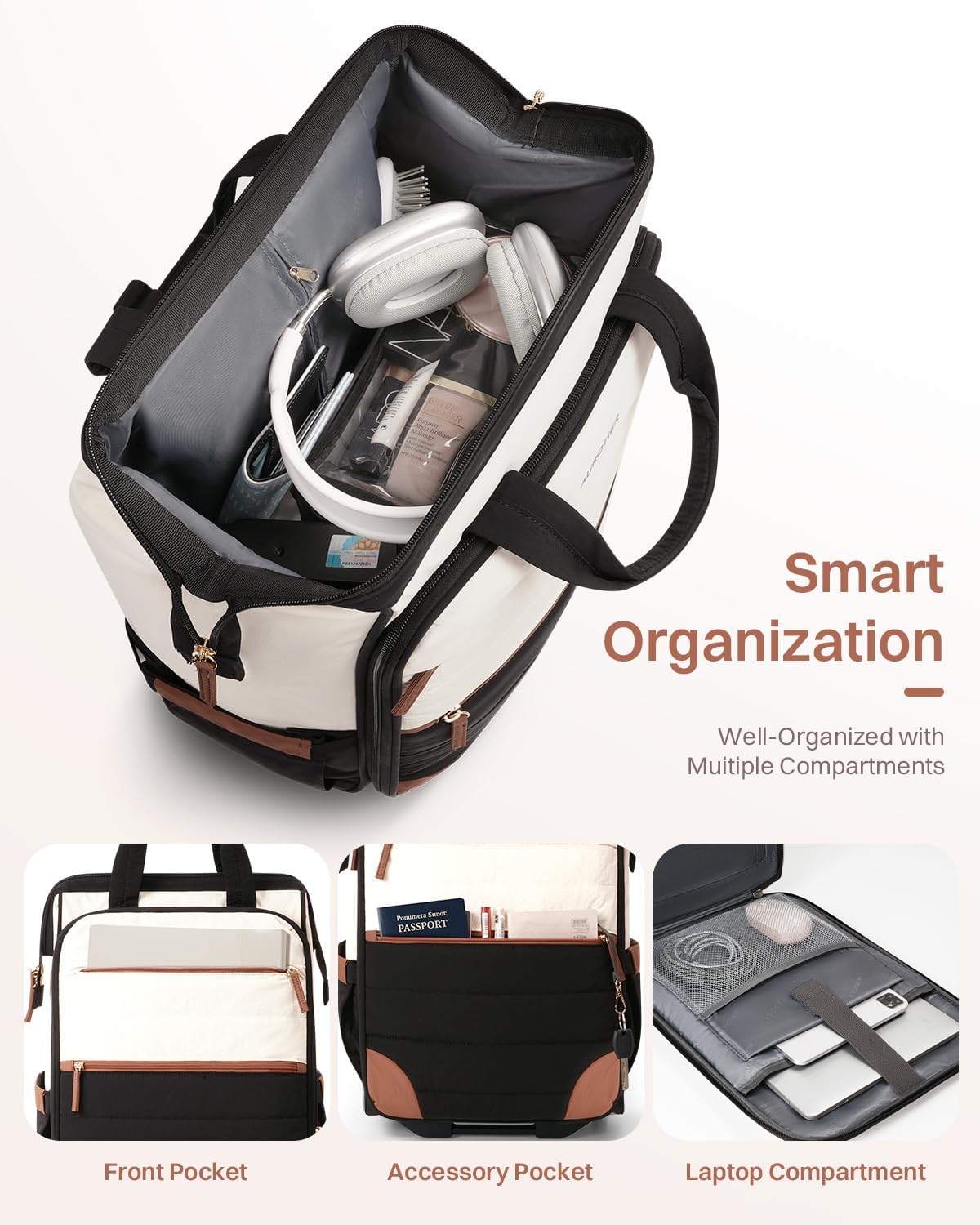 Alternative view of Rolling Puffer Backpack for Women, Travel Backpack with Wheels, 16 Inch Wheeled Laptop Backpack, Dual-Opening Design Overnight College Underseat Carry on Luggage, Roller Business Work Bag, Beige Brown