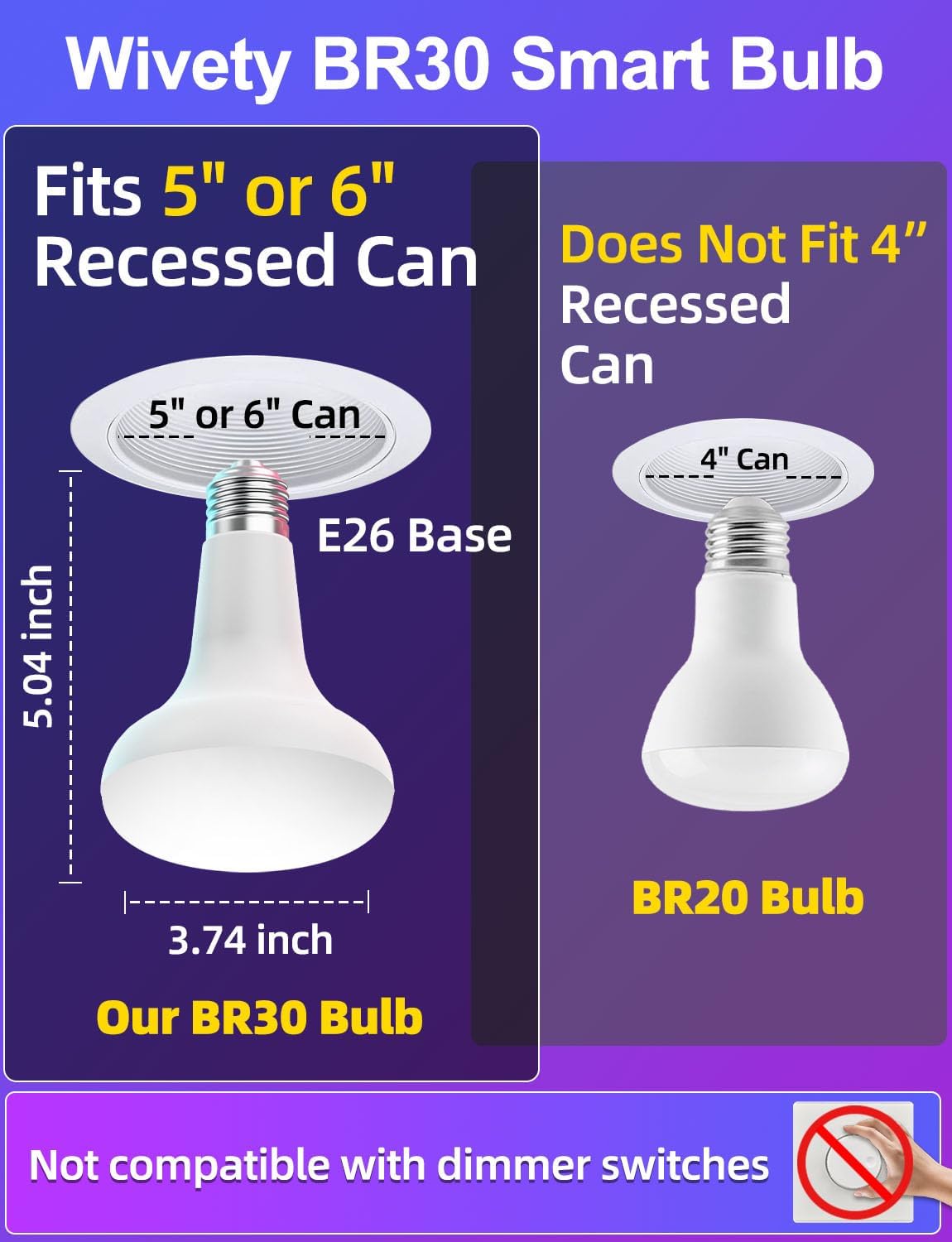 Wivety BR30 LED Flood Light Bulbs, Color Changing, APP Control, Timer, for Kitchen Living Room Indoor (12 Packs)