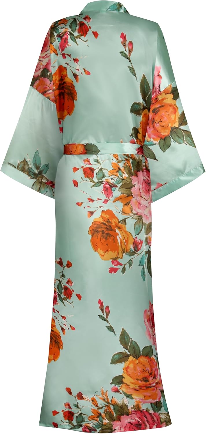 Mignon Cromwell Womens Silk Kimono Robe Long Floral Bridesmaids Robe Satin Wedding Party Bridal Robe Dressing Gown Loungewear