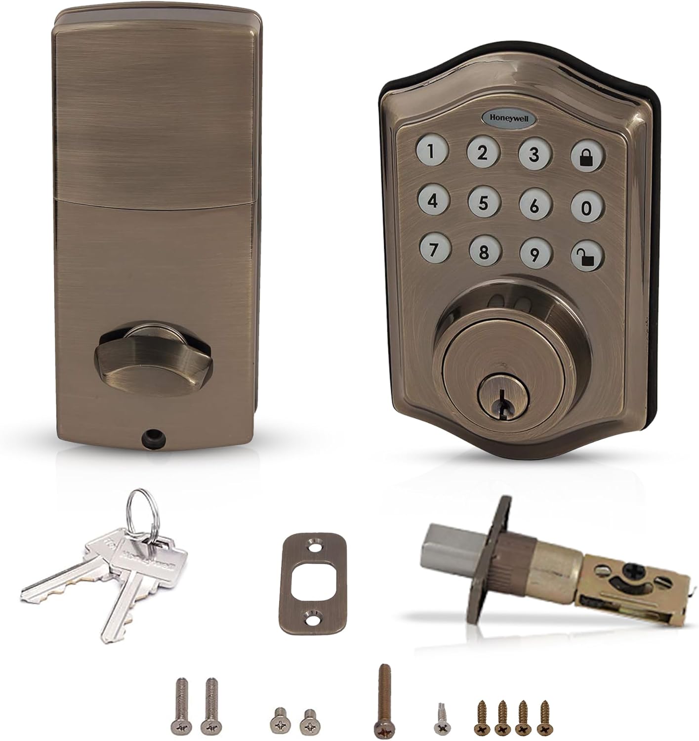 Honeywell Safes & Door Locks - Keyless Entry Door Lock with Smart Electronic Keypad Deadbolt - Easy Installation & 50 Different User Pin Codes - Auto Lock - Antique Brass - 2.9 x 2 x 6.2 in - 8712109