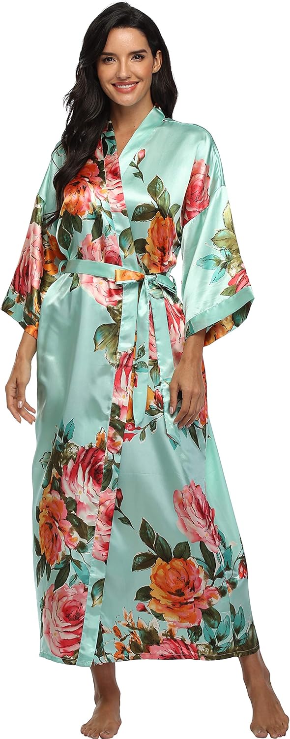 Alternative view of Mignon Cromwell Womens Silk Kimono Robe Long Floral Bridesmaids Robe Satin Wedding Party Bridal Robe Dressing Gown Loungewear