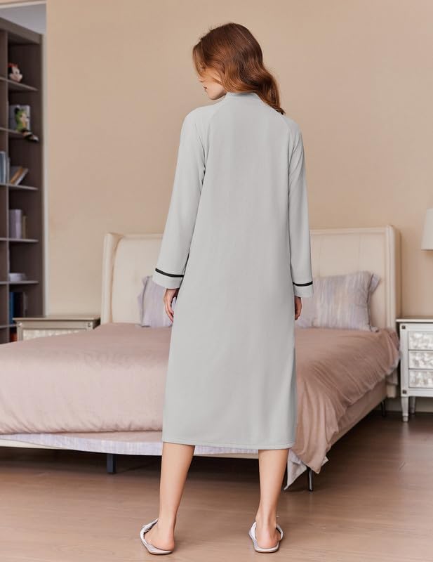 Ekouaer Women's Zipper Robes Long Sleeve Loungewear Knee Length Housecoat Fleece Bathrobe with Pockets S-XXL - Image 4