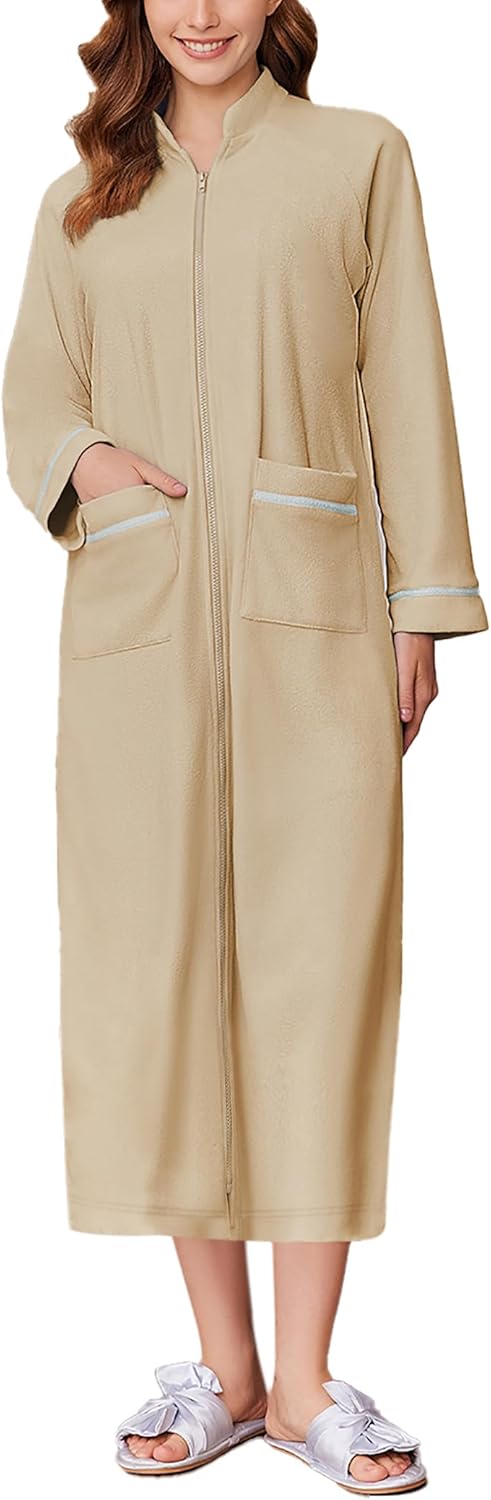 Ekouaer Women's Zipper Robes Long Sleeve Loungewear Knee Length Housecoat Fleece Bathrobe with Pockets S-XXL - Image 5