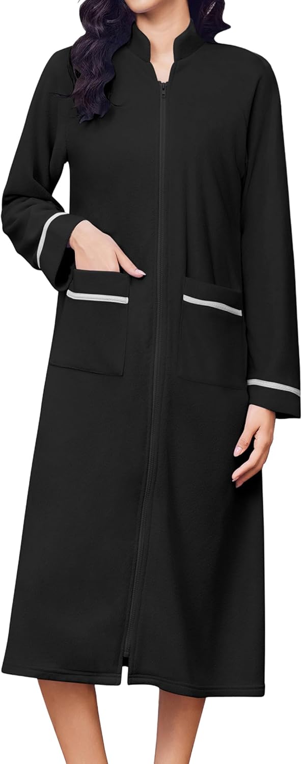 Ekouaer Women's Zipper Robes Long Sleeve Loungewear Knee Length Housecoat Fleece Bathrobe with Pockets S-XXL - Image 6