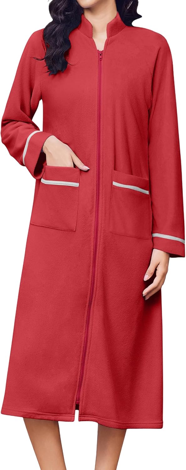Ekouaer Women's Zipper Robes Long Sleeve Loungewear Knee Length Housecoat Fleece Bathrobe with Pockets S-XXL - Image 7