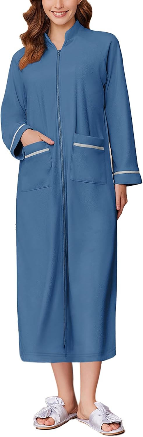 Ekouaer Women's Zipper Robes Long Sleeve Loungewear Knee Length Housecoat Fleece Bathrobe with Pockets S-XXL - Image 8