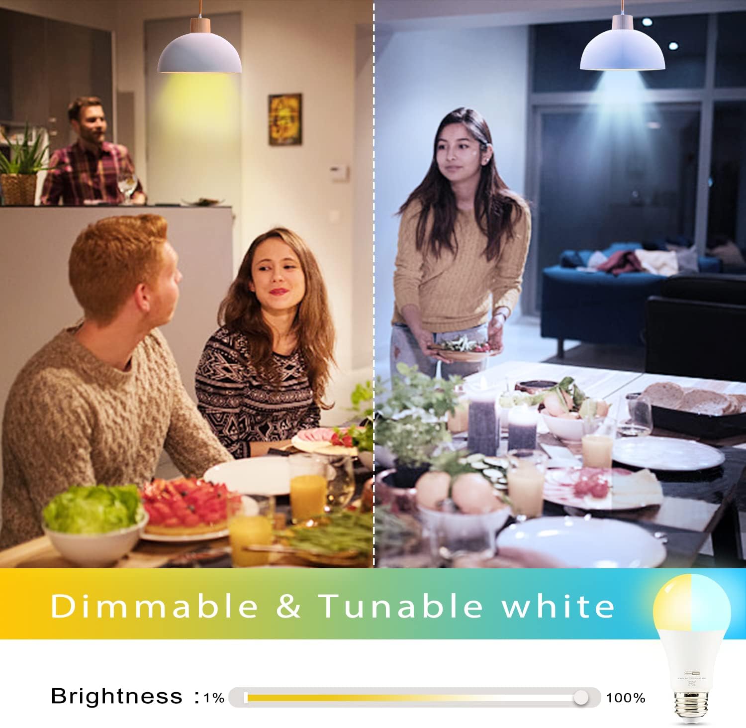 Homevenus HVS Smart Light Bulbs,9W A19 E26 Dimmable Tunable Cool Warm White LED Light Bulb 2500k-6500k, APP Control 2.4GHz WiFi Bluetooth Assist Connection, Work with Alexa/Google Assistant 4 Pack