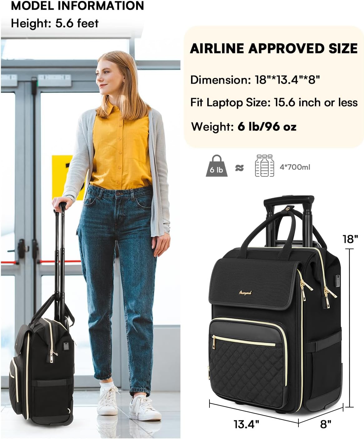 Alternative view of Arcoyard Rolling Backpack for Women, Travel Rolling Laptop Backpack with Wheels, Vertical & Horizontal Storage 2 In 1, Flip-Top Design, Water-Resistant Overnight College Underseat Carry on Luggage