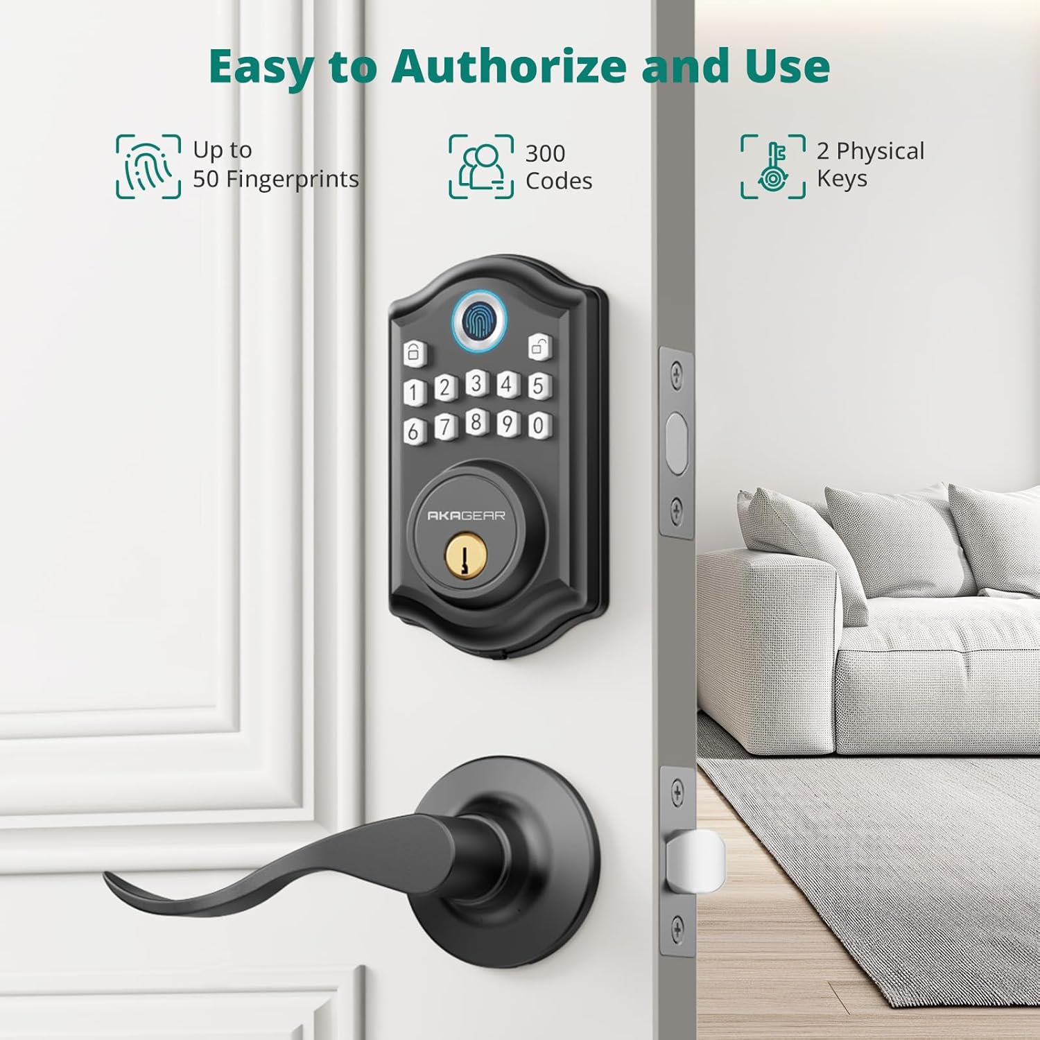 Alternative view of AkaGear DS10 Keyless Entry Door Lock with Handle - 2 Lever Handles, Fingerprint Door Lock, Keypad Deadbolt, 2 Keys, Code, Smart Locks for Front Door, Auto-Lock, Easy Installation - Matte Black