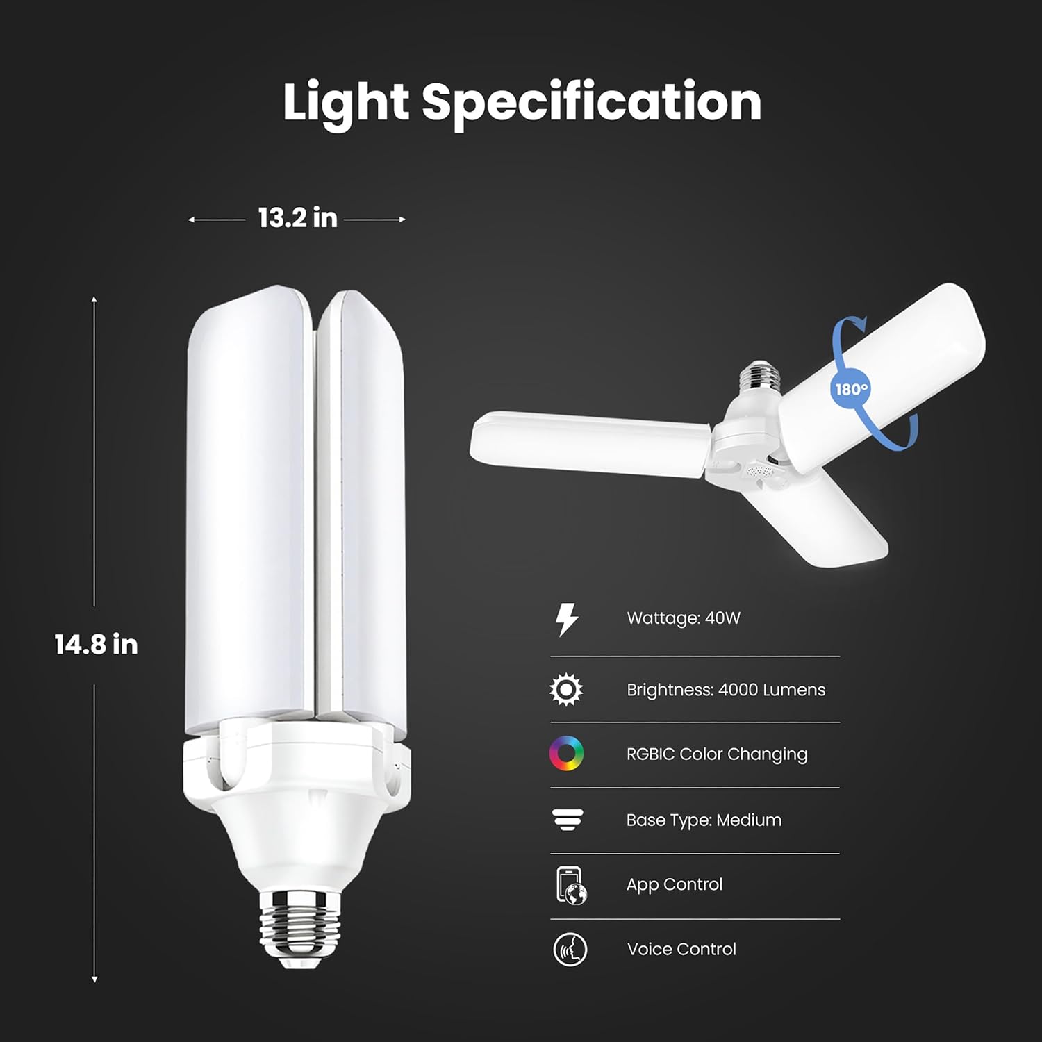 Alternative view of Feit Electric Smart LED Garage Light, RGBW 3 Panel, WiFi 2.4GHz, Screw-in LED Shop Light Bulb, Works with Alexa and Google Home Assistant, E26, 4000 Lumens, Garage Ceiling Light, ADJ4000/RGBW/LED/AG