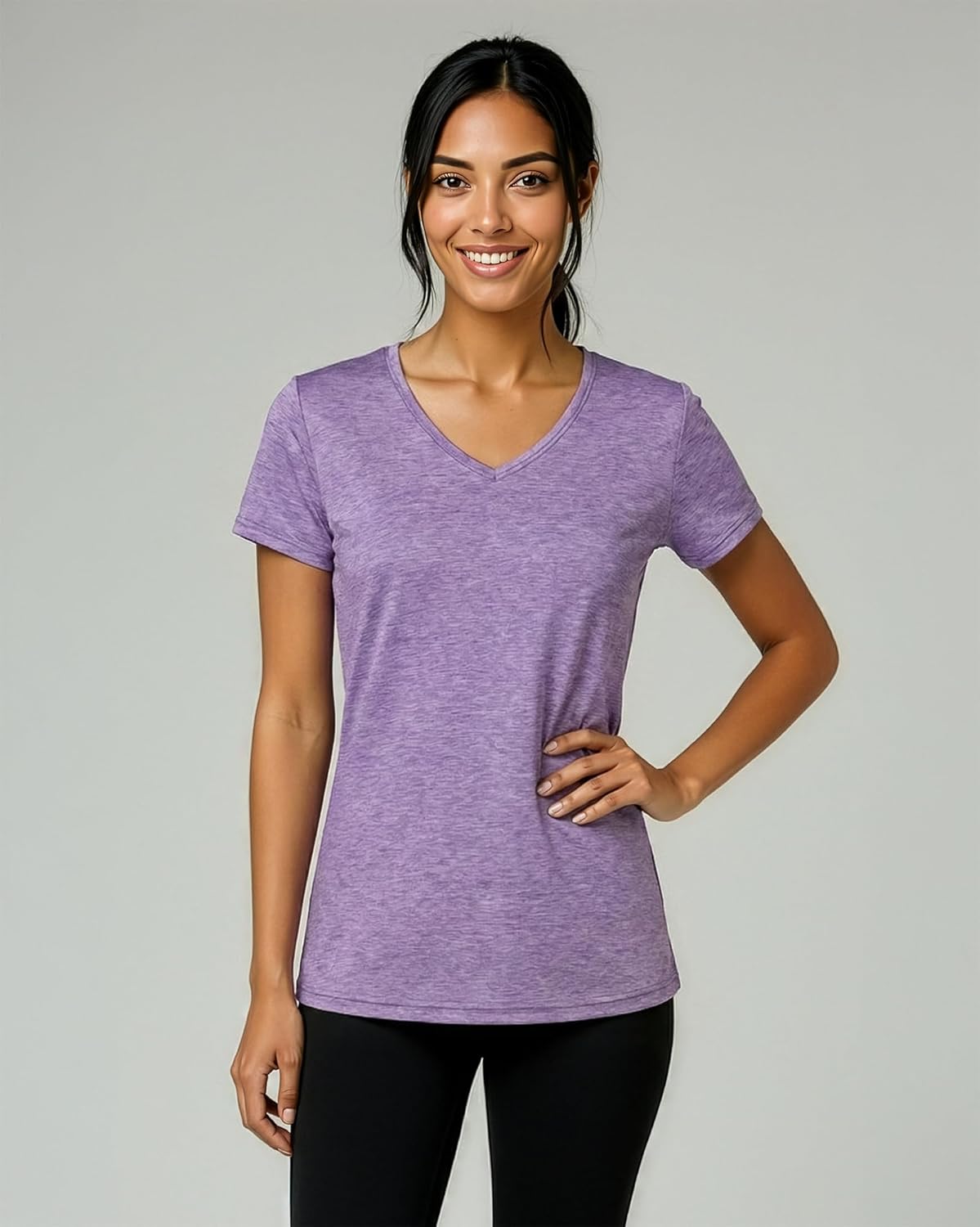 Real Essentials 5 Pack: Women's Dry Fit Short Sleeve V Neck Workout Top - Fitness Gym Athletic Yoga T-Shirt (Plus Available)